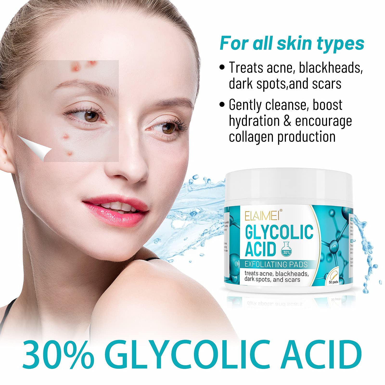 30% Glycolic Acid Pads Wipes for Skin Care Exfoliating Cleansing, Face Pore Cleaner Minimizer Acne Treatment, Chemical Peel Solution for Dark Spots, Breakouts, Scars, Reduce Wrinkle Fine Line, 50 Pads