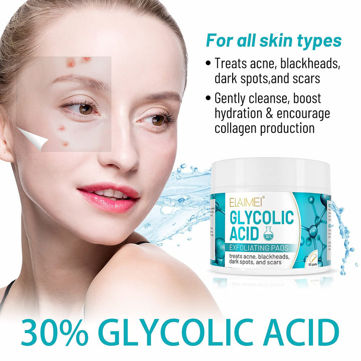 30% Glycolic Acid Pads Wipes for Skin Care Exfoliating Cleansing, Face Pore Cleaner Minimizer Acne Treatment, Chemical Peel Solution for Dark Spots, Breakouts, Scars, Reduce Wrinkle Fine Line, 50 Pads