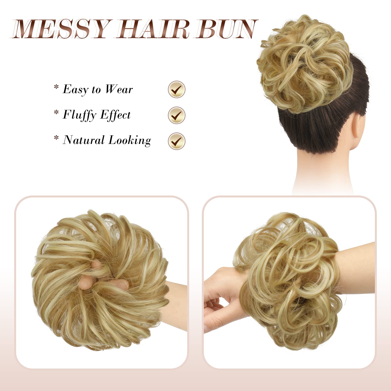 FESHFEN Hair Bun Extensions Messy Curly Wavy Hair Scrunchies Plus Size Hairpieces Synthetic Donut Chignon Hair Pieces for Women Girls, 1.94oz