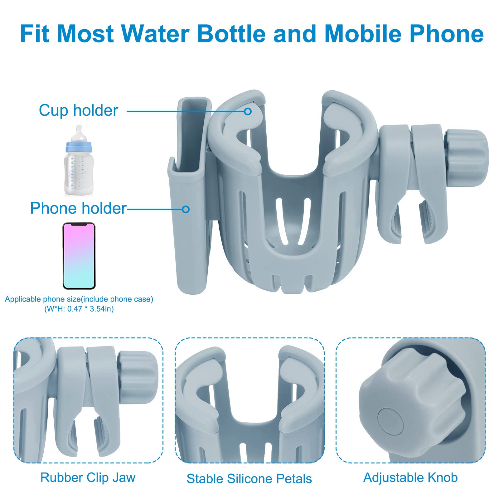 Accmor Stroller Cup Holder with Phone Holder, Bike Cup Holder, 2-in-1 Universal Cup Phone Drinks Holder for Stroller Walker Wheelchair, Grey