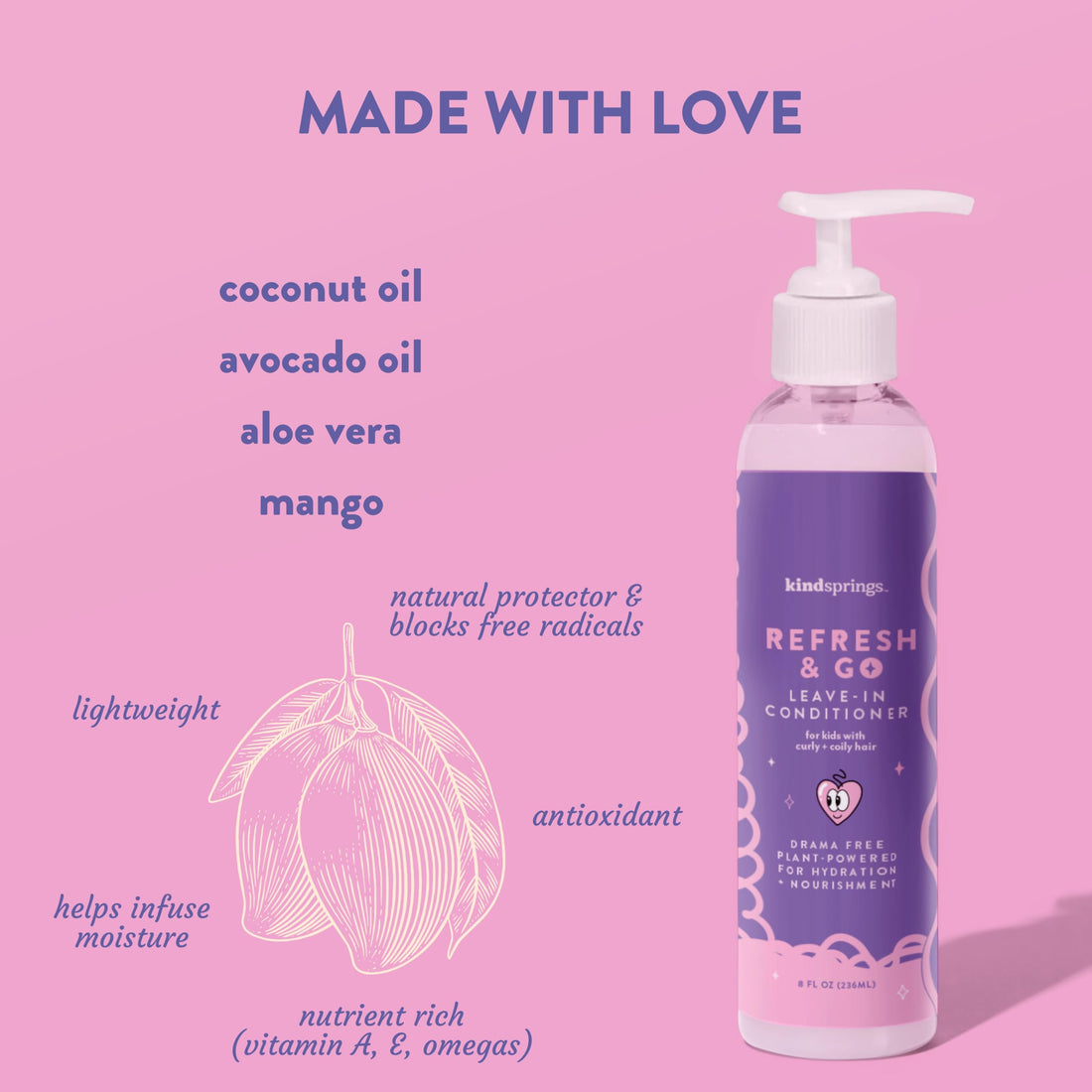 kindsprings Leave-In Conditioner and Detangler For Kids, Curly and Coily Hair. Multi-Use, Ultra-Hydrating, Styling Prep Cream, Refresh and Go Nourishing and Detangling Conditioner. 8 Fl Oz