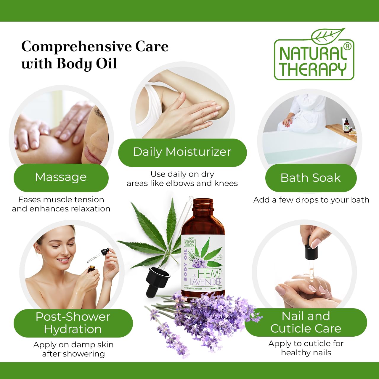 Natural Therapy Hemp & Lavender Body Oil – Moisturizing Body Oil – Hydrate & Soften Skin – Increase Skin Elasticity and Provide Anti-Aging Support (4 Fl.Oz)