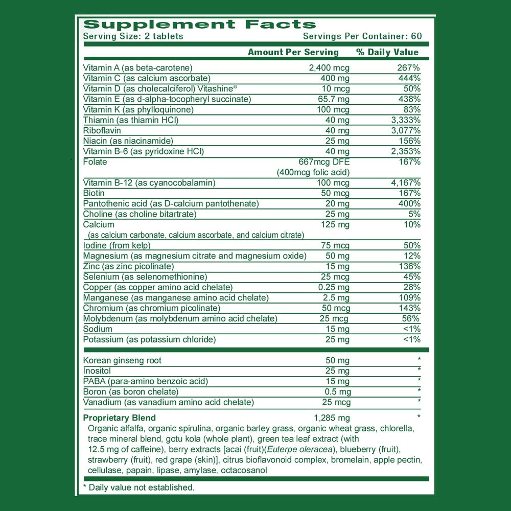 Life's Fortune Life's Energy Advanced Multi-Vitamin and Mineral Non-GMO - Super Greens - ORAC Berries - AntiOxidants - Enzymes - Iron Free - GMP Tested, 120 Veggi Tablets