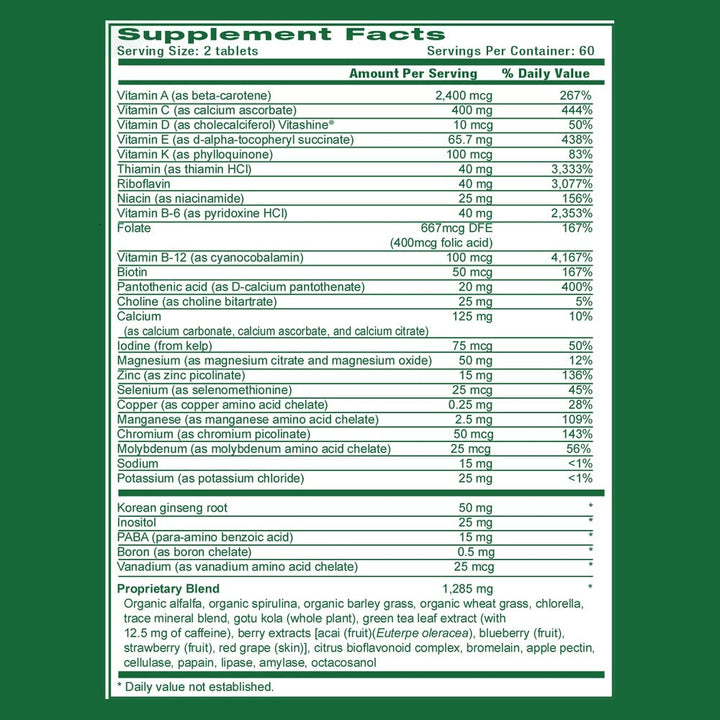 Life's Fortune Life's Energy Advanced Multi-Vitamin and Mineral Non-GMO - Super Greens - ORAC Berries - AntiOxidants - Enzymes - Iron Free - GMP Tested, 120 Veggi Tablets