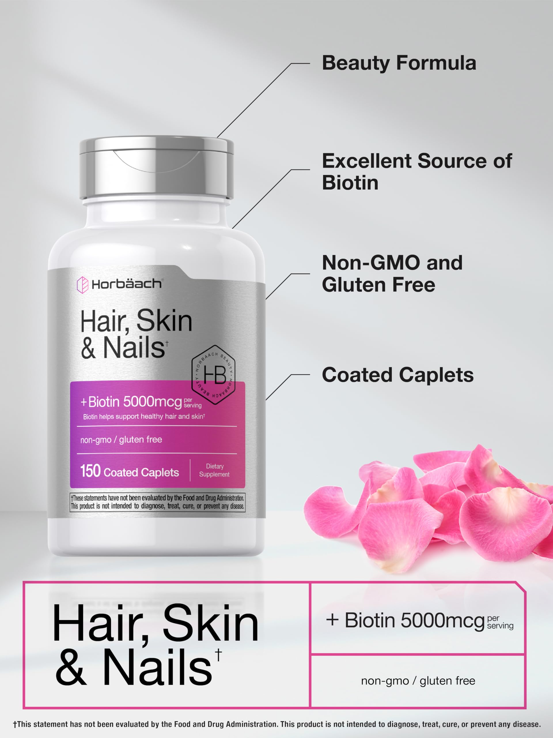 Horbäach Hair Skin and Nails Vitamins | 150 Caplets | with Biotin and Collagen | Supplement for Women and Men | Non-GMO, Gluten Free