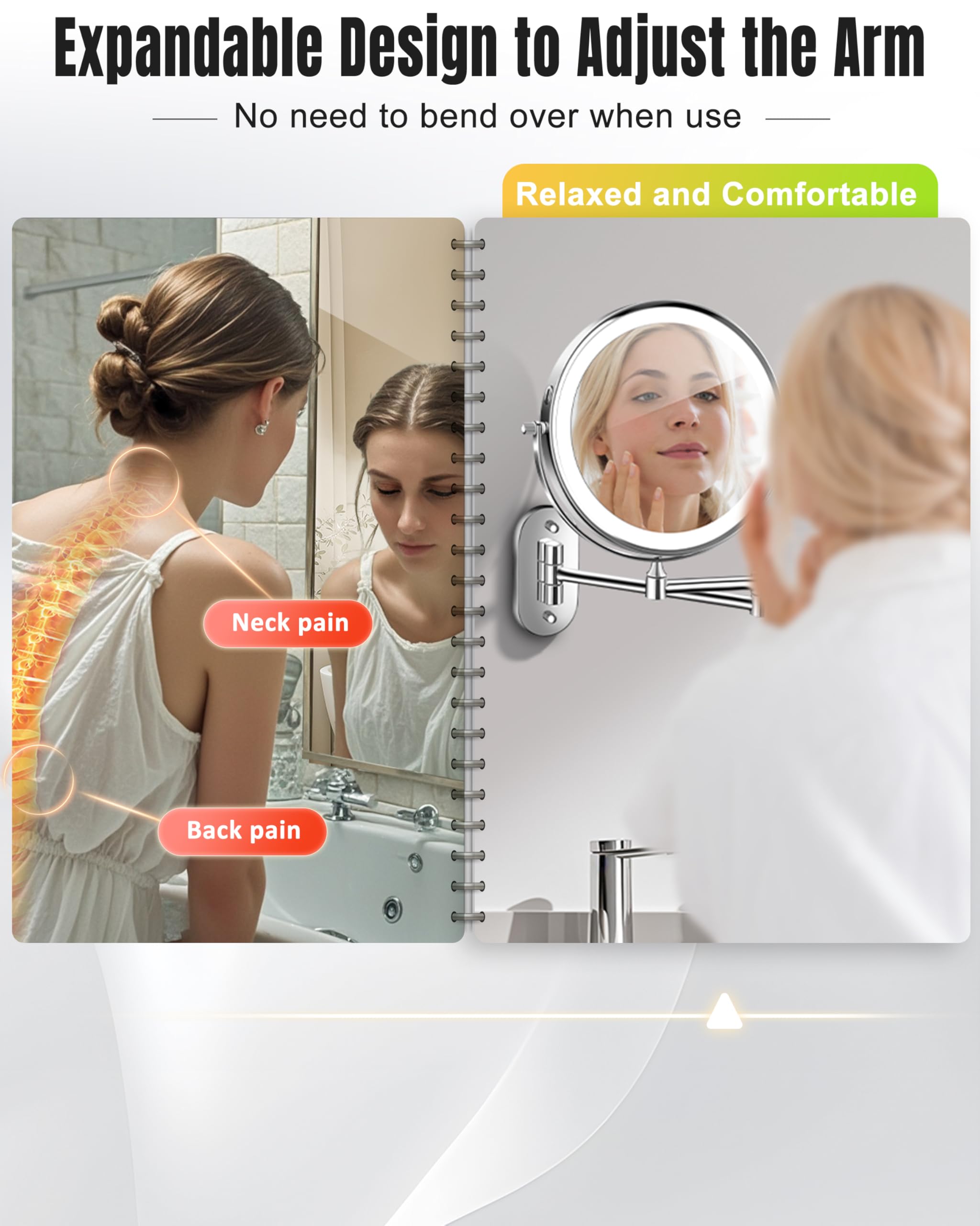 Wall Mounted Makeup Mirror with Light, 20X/1X 8'' Double Sided LED Magnifying Bathroom Lighted Vanity Mirror with Magnification, 3 Color Light up Touch Dimmable Extended Arm 360 Rotation