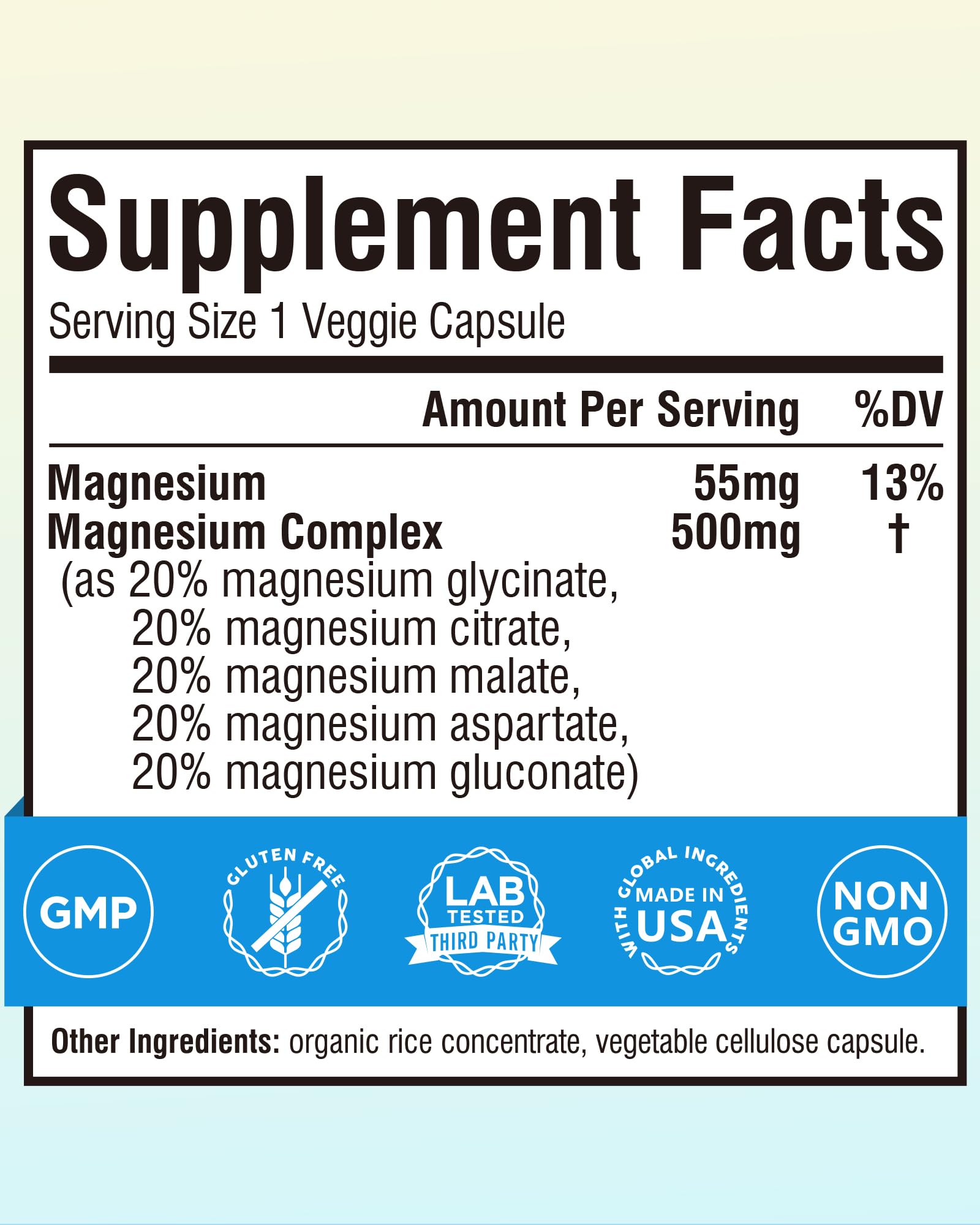 Terranics 5-in-1 Magnesium Complex Supplement 500mg - 5 Forms High Absorption Magnesium Glycinate Citrate Malate Aspartate Gluconate - Non-GMO 120 Vegan Magnesio Capsule for Sleep Muscle Heart Health