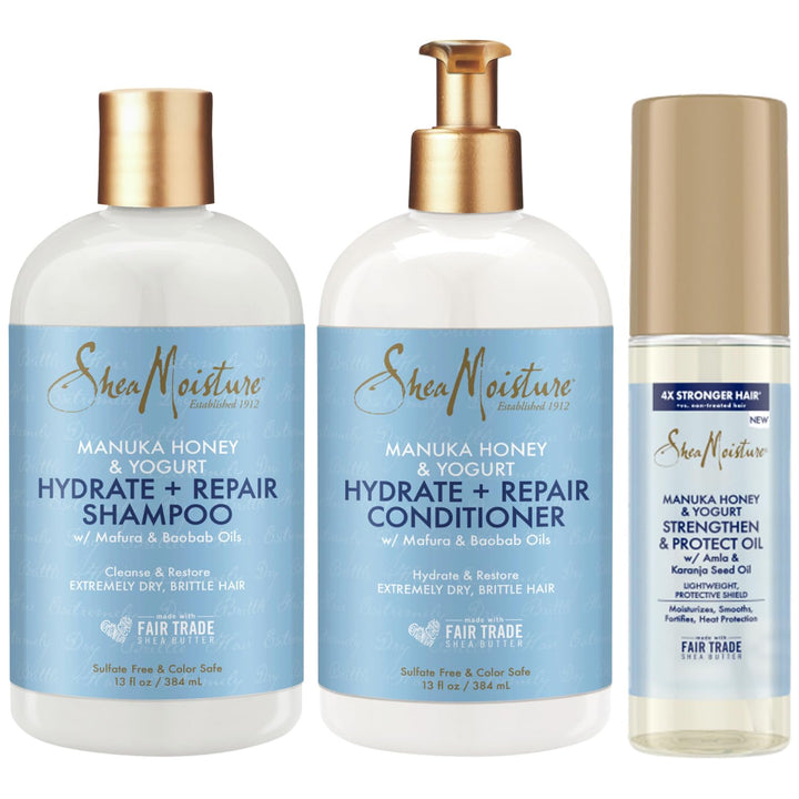 Shea Moisture Shampoo & Conditioner Set + Strengthen & Protect Oil Gift Set –Manuka Honey & Yogurt Hydrate + Repair, Hair Treatment for Dry, Damaged Hair (3 Piece Set)