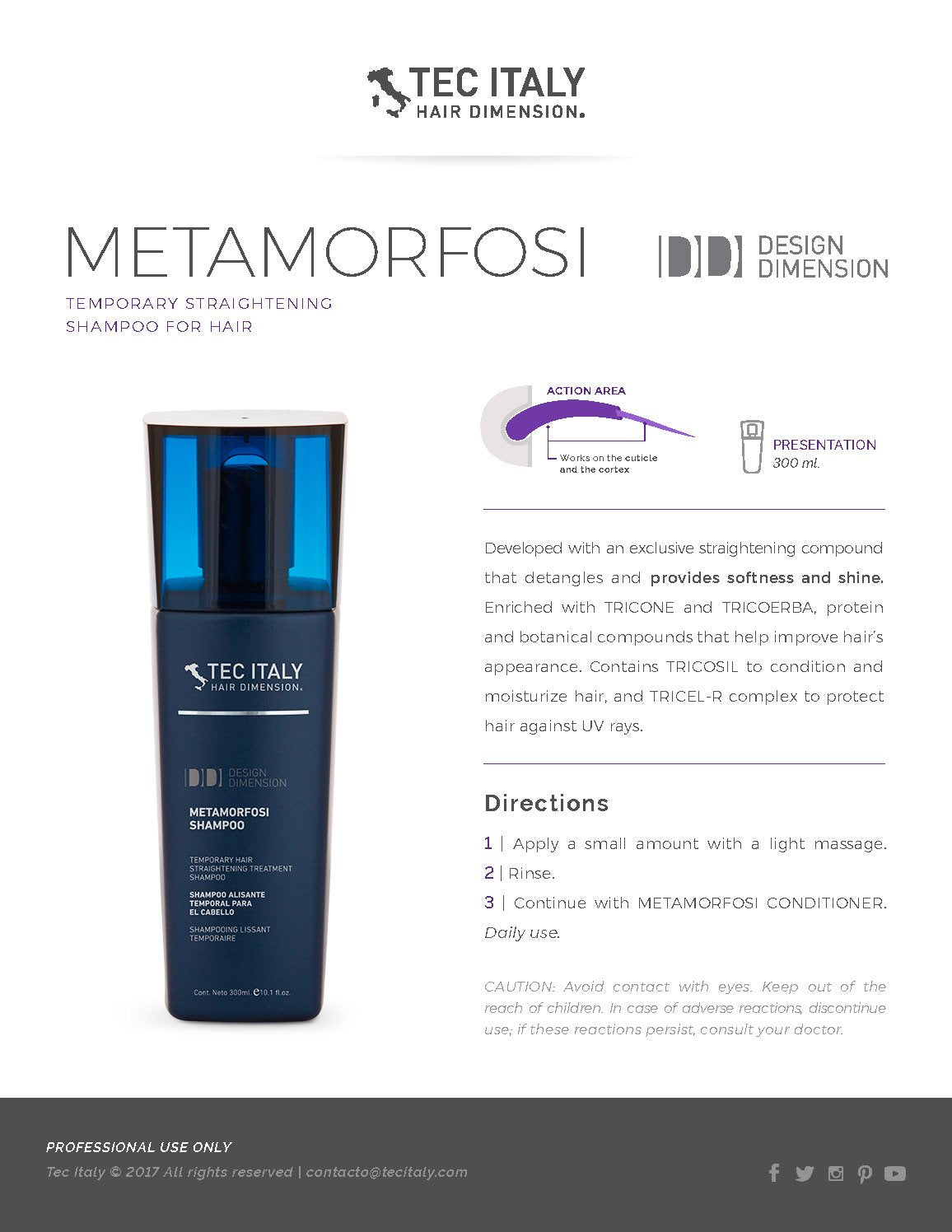 Tec Italy Straightening Pack: Metamorfosi Shampoo, Conditioner, Leave in Treatment - 30.3 Fl Oz, Paraben Free, For Curly Hair, Citrus Scent - Set of 4 by Tec Italy