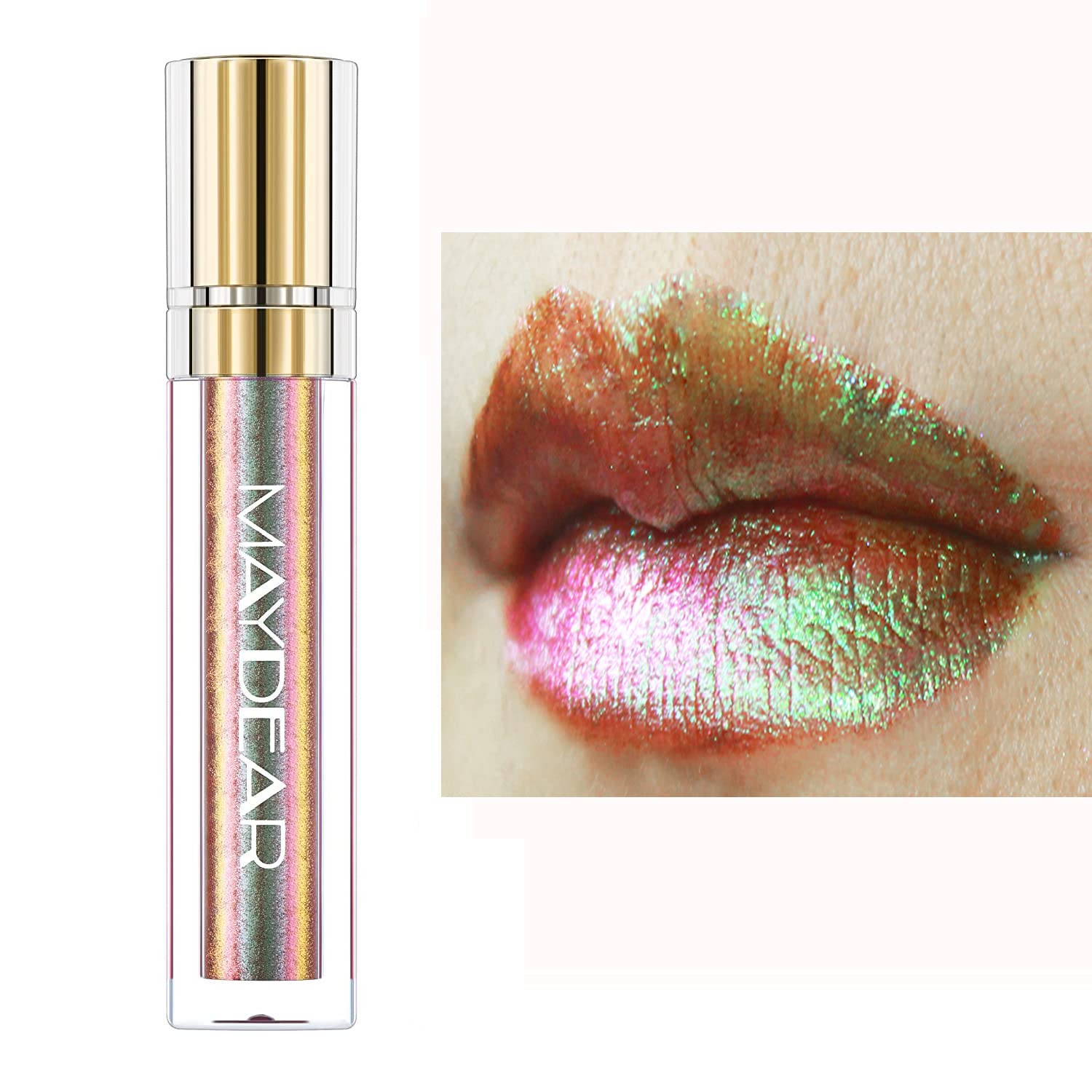 Maydear chameleon lipstick, Long Lasting Waterproof Colourful Diamond Shimmer Lip Gloss for Women Girls Makeup kit - brown green