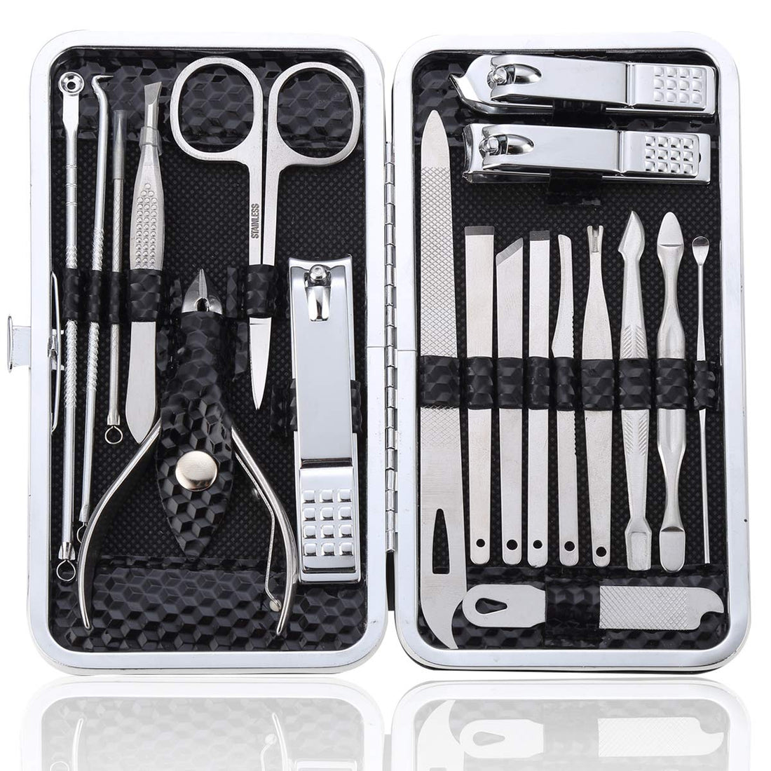 Manicure Set Pedicure Kit Professional 19 Pcs Nail Clipper for Men & Women Stainless Steel Sharp Cutter Grooming Nose Hair Scissorsââ‚¬¦Black Fingernails & Toenails with Portable Case (Black_19 pie