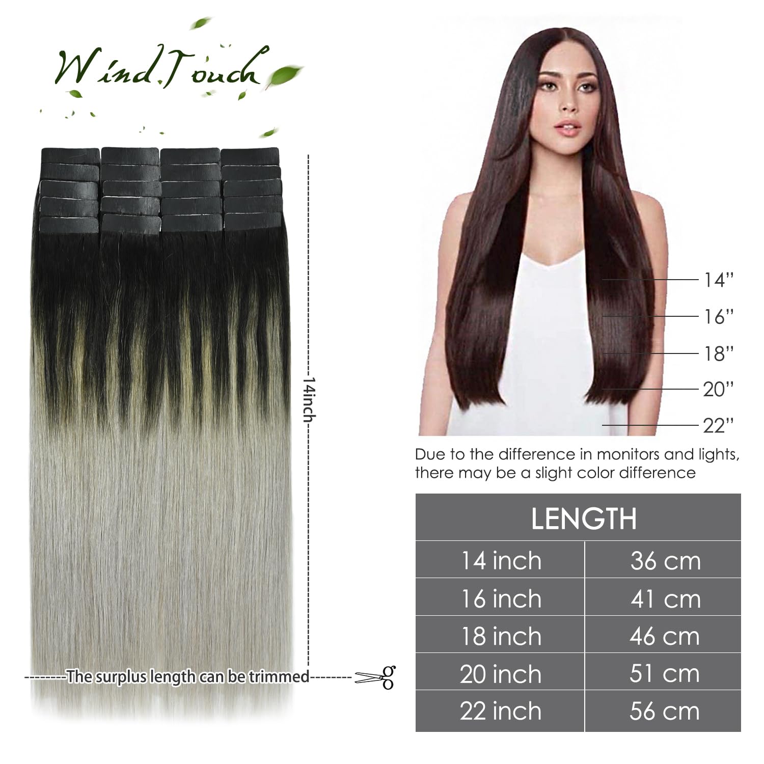 WindTouch Tape In Hair Extensions Human Hair Double Sided Tape Skin Weft Balayage Ombre Hair Natural Black Fading to Silver Ash Blonde Hair Extensions Remy Hair #1btGray 50g 16Inch 20PCS Thick