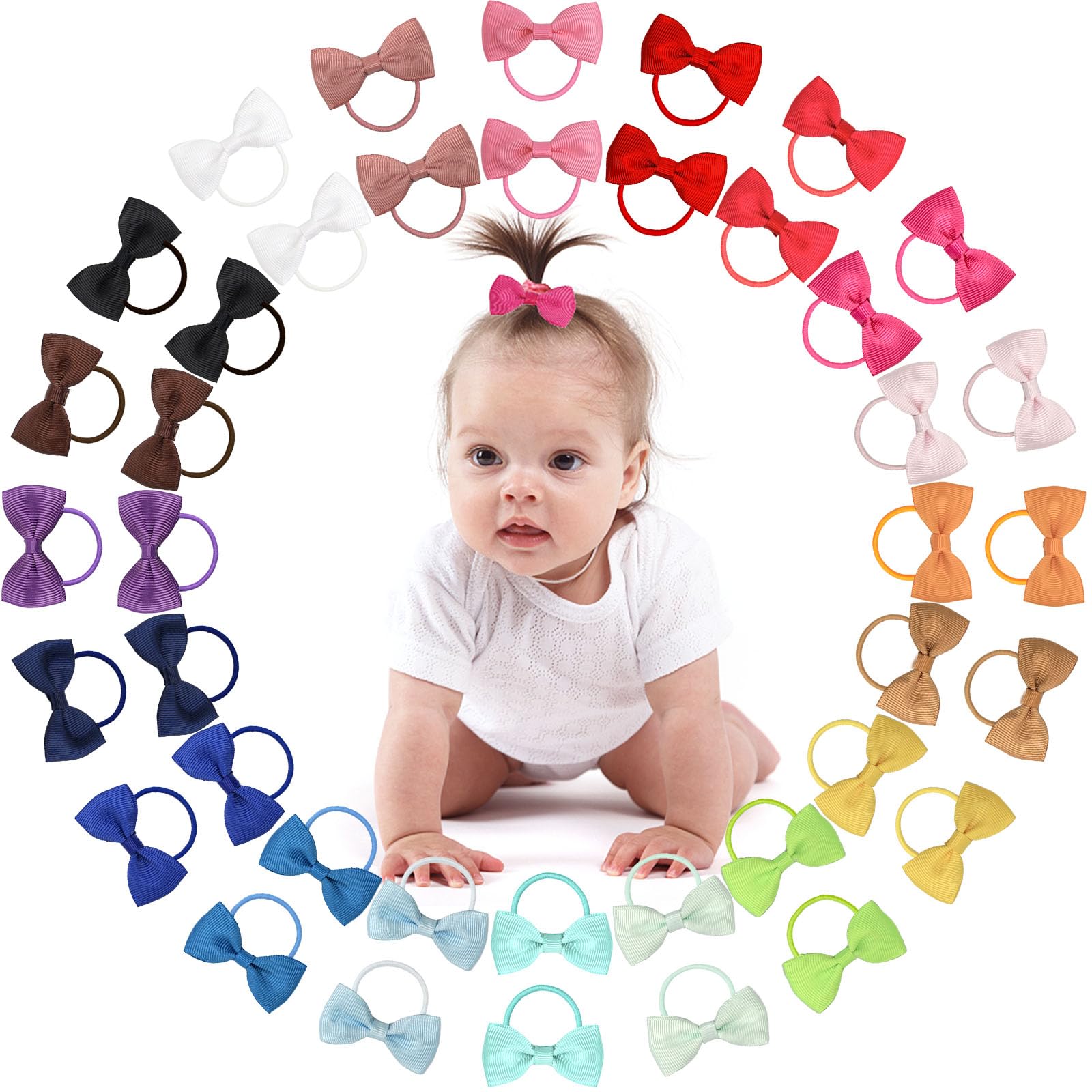 40Pcs 2 Inches Baby Bows Hair Ties Mini Boutique Hair Bows Durable Elastic Rubber Ribbon Hair Band Accessories for Toddlers Infants Kids Under 2 Years Old