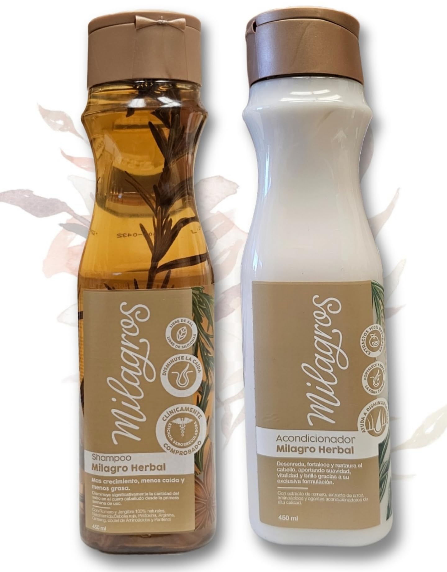 Milagros Shampoo y Acondicionador Herbal - Romero, Jengibre y Arroz 100% natural | Combate caida del cabello y promueve su crecimiento.