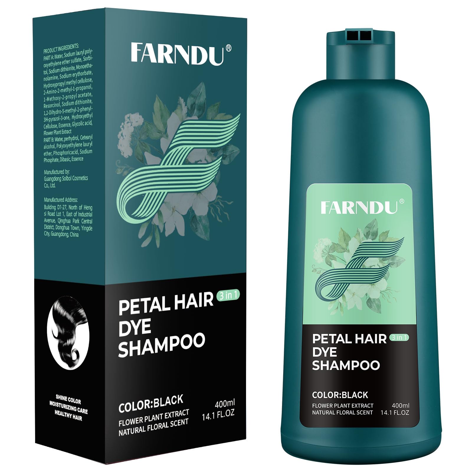 Farndu Black Hair Dye Shampoo 3 in 1 Gray Hair Coverage Natural Hair Color Shampoo for Women Men Champu Para Canas