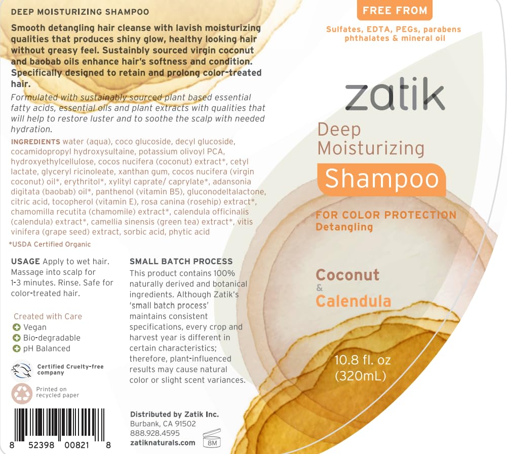 Zatik Naturals - Deep Moisturizing Shampoo + Conditioner Set - Coconut & Calendula, for Colored, Dry damaged Hair, Bio-degradable, pH Balanced, FREE from Parabens, fragrances, 10.8 fl oz (One of Each)