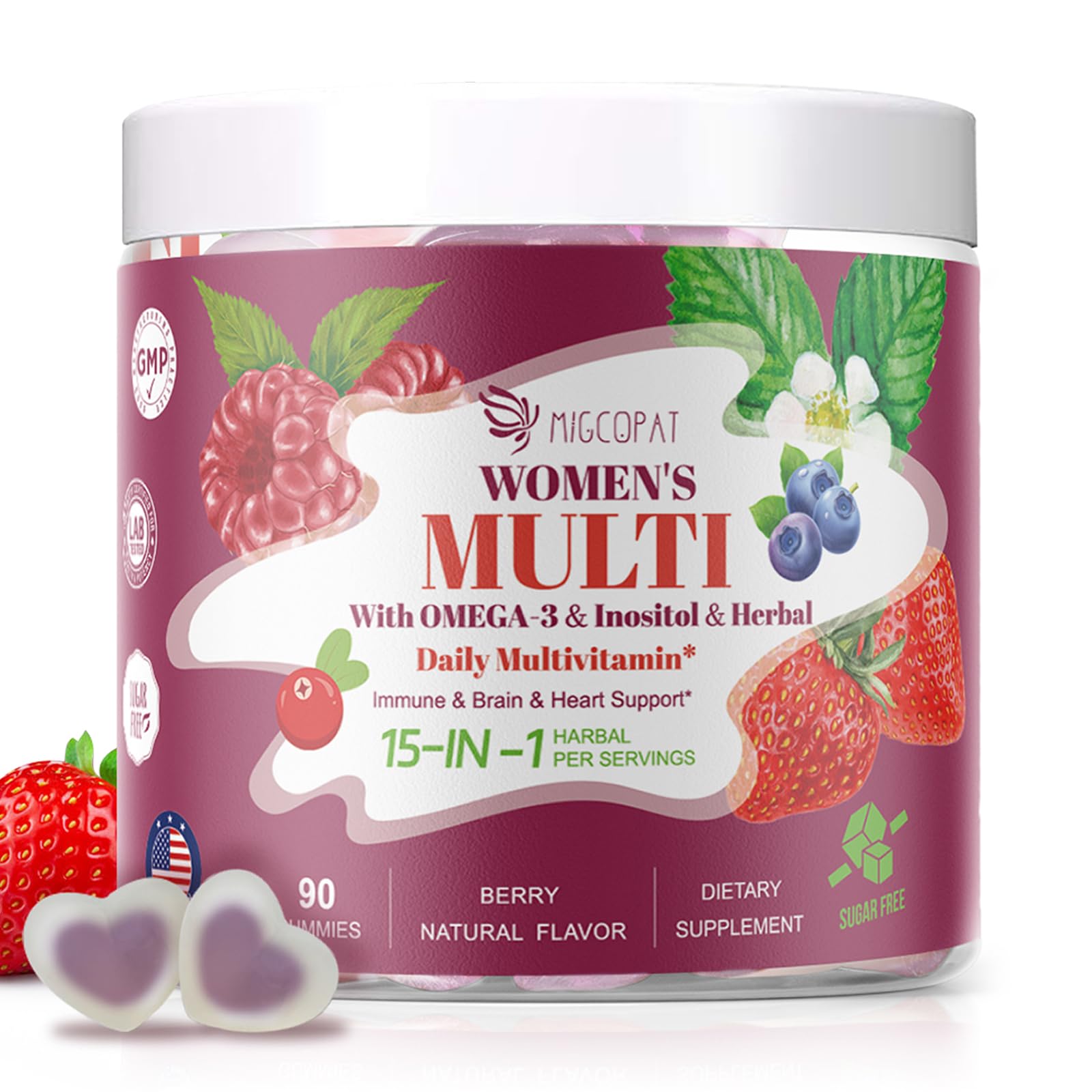 Women's Multivitamin Gummies, Berry Flavor, Sugar-Free, with Prebiotics, Omega-3, Inositol, CoQ10, and Vitamins A, C, D3, E, B12, Daily Support for Heart, Brain, Gut, Digestion, Energy & Immune