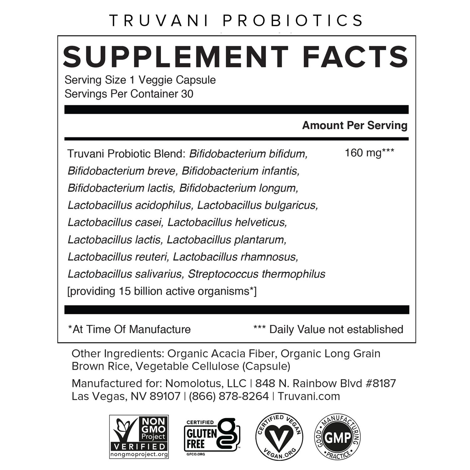 Truvani Probiotic Supplement | 30 Servings | 15 Billion CFU | 15 Diverse Strains for Digestive, Immune & Brain Health Support | Shelf-Stable Vegan Capsules | Non-GMO, No Fillers