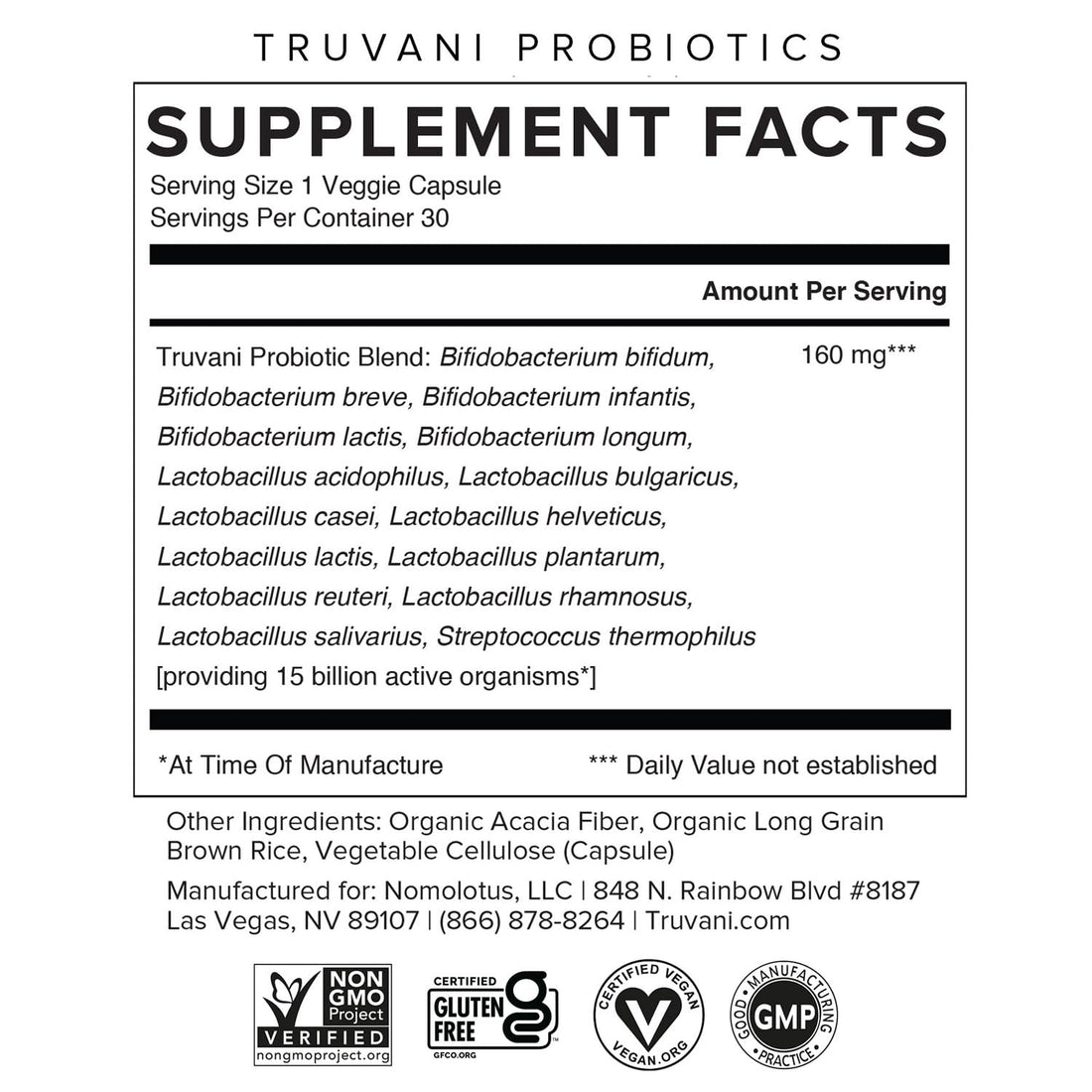 Truvani Probiotic Supplement | 30 Servings | 15 Billion CFU | 15 Diverse Strains for Digestive, Immune & Brain Health Support | Shelf-Stable Vegan Capsules | Non-GMO, No Fillers