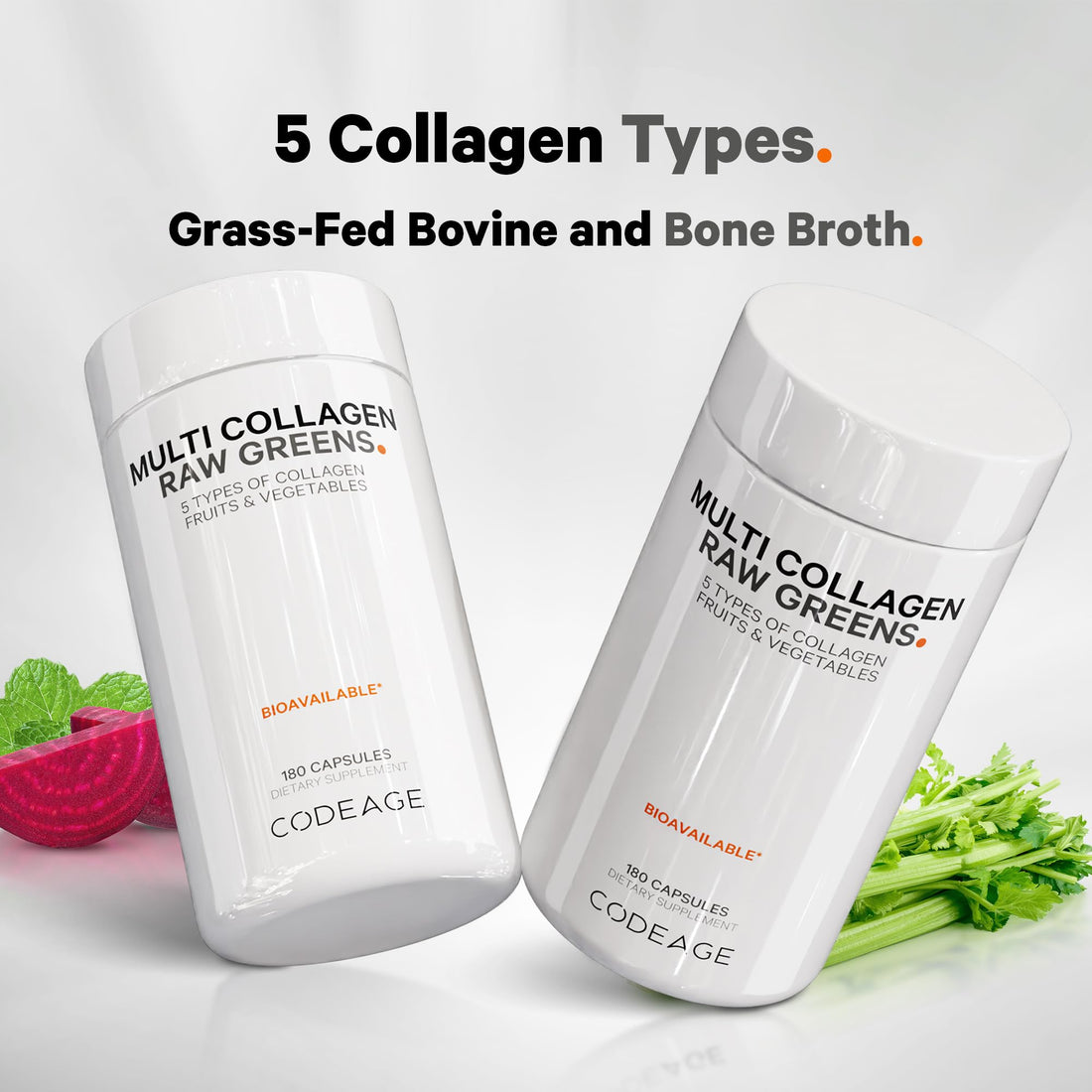 Codeage Multi Collagen Protein + Organic Raw Greens Superfood Capsules Supplement, 21 Fruits & Veggies, Grass-Fed Hydrolyzed Collagen Peptides, 5 Types All-in-One, 180 Count