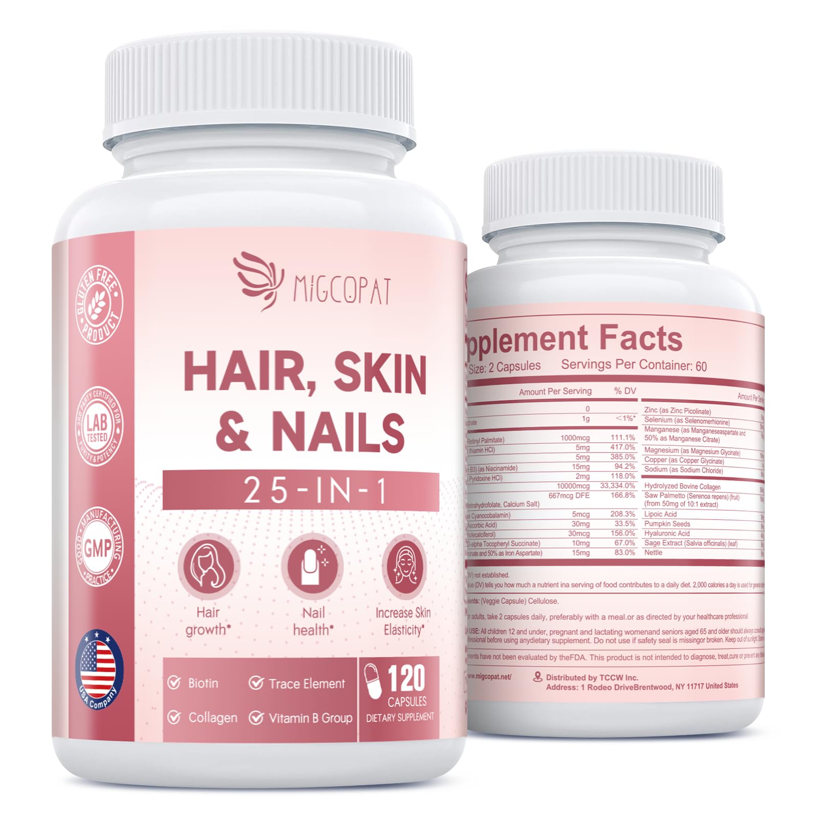 Migcopat Hair, Skin & Nails Supplement - 25-in-1 Formula with Biotin 10,000mcg, Collagen, Vitamins & Minerals - Supports Hair, Skin, and Nail Health for Women & Men - 120 Capsules