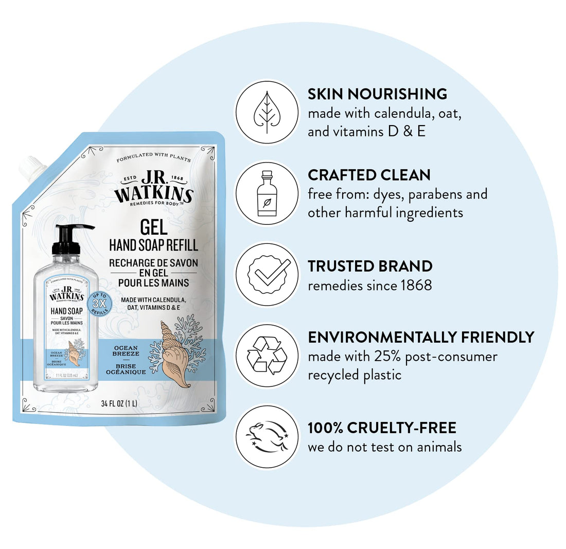 JR Watkins Liquid Hand Soap Refill Pouch, Ocean Breeze, 2 Pack, Scented Liquid Hand Wash for Bathroom orÃ‚ Kitchen, USA Made and Cruelty Free, 34 fl oz