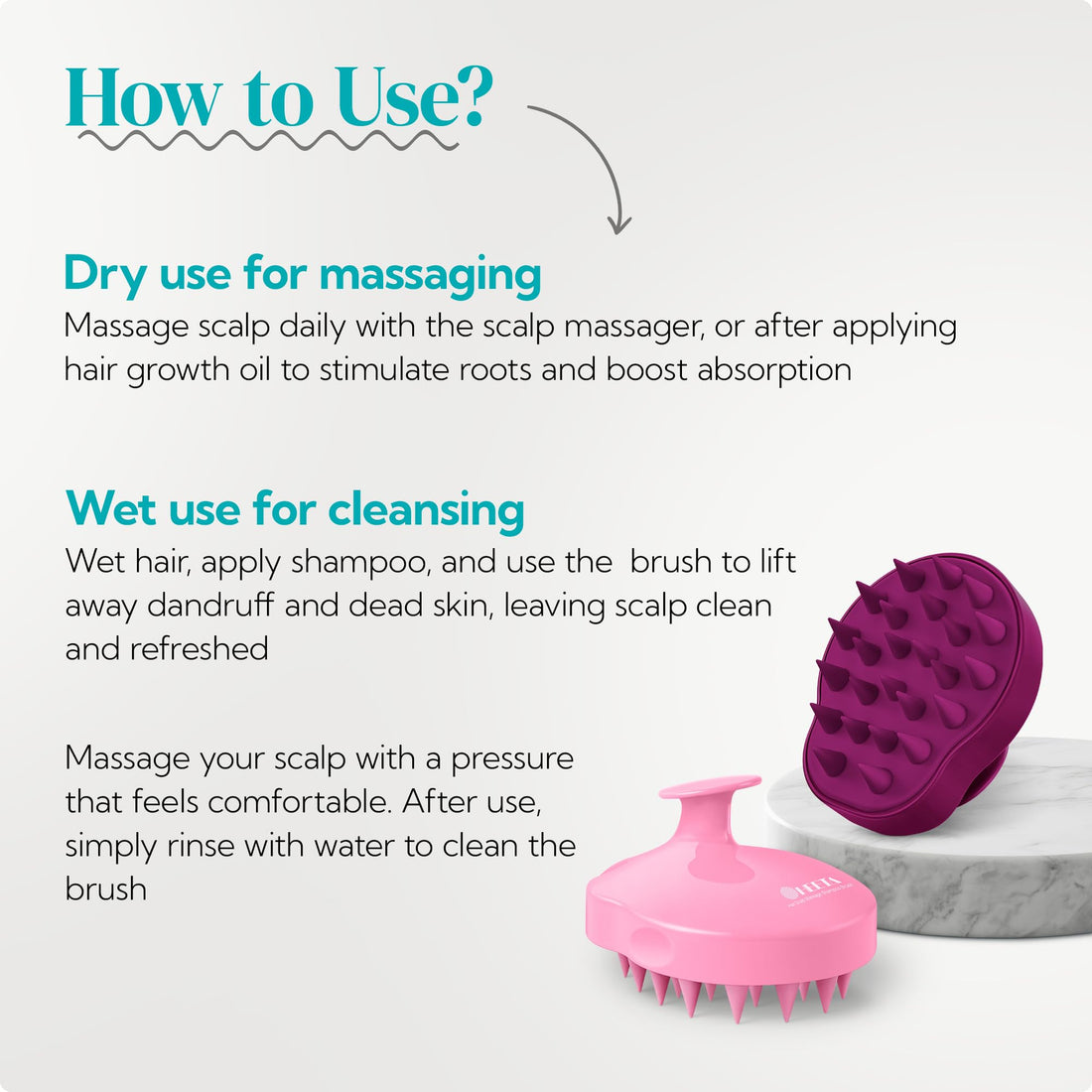 HEETA Hair Scalp Massager Shampoo Brush 2 Pack, Soft Silicone Bristles to Remove Dandruff, Waterproof Hair Scrubber for Both Wet Dry Use, Suitable for Men & Women (Pink & Purple)