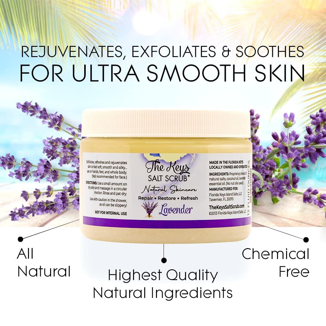 The Keys Salt Scrub - Lavender Sea Salt Scrub - Exfoliating Body Scrub with Wooden Spoon - Moisturizing Exfoliator for Face, Hands, Foot, Bath, Manicure & Pedicure, and Bikini Area Skin Care (12 oz.)