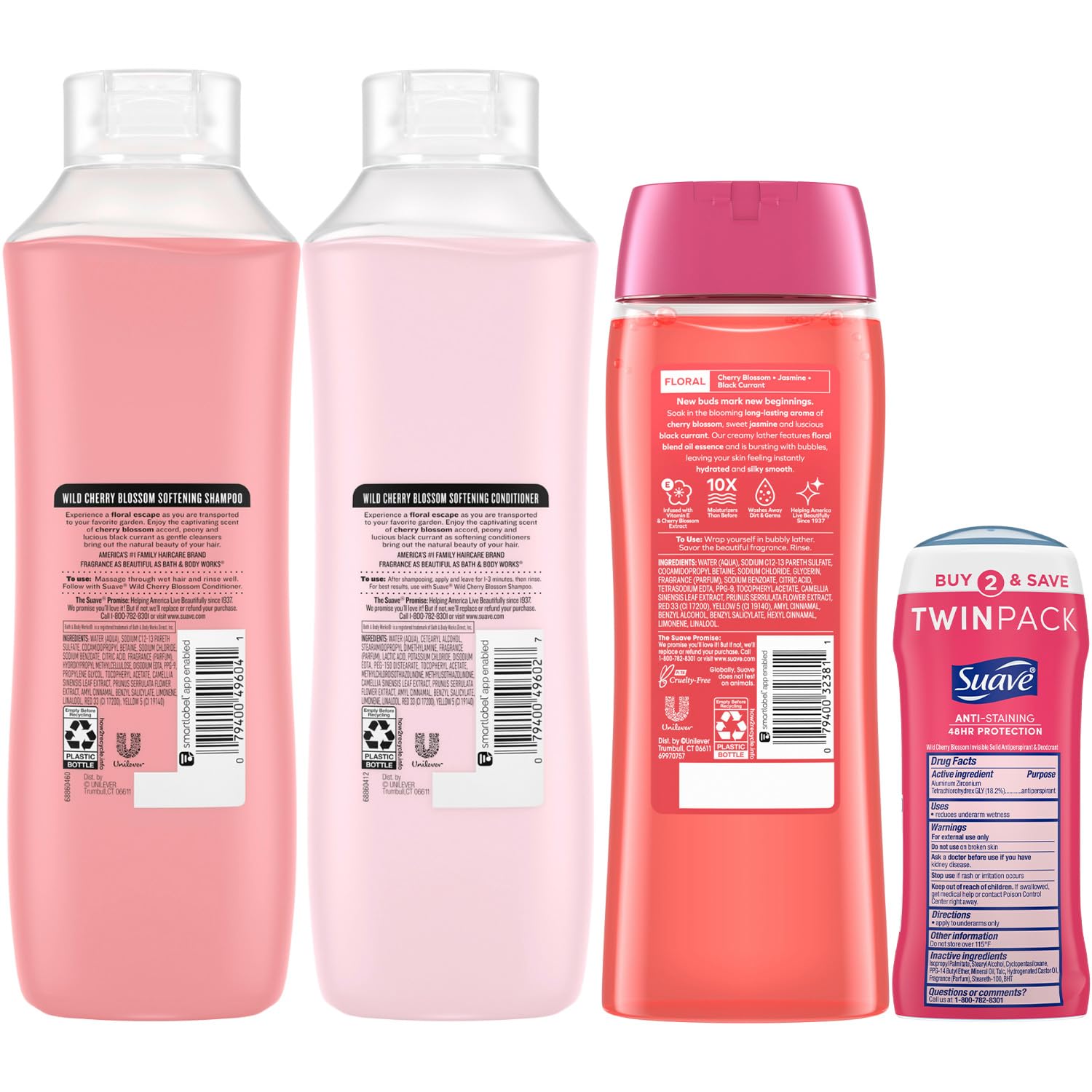 Suave Body Wash 2-Pack, Shampoo & Conditioner + Antiperspirant Deodorant 2-Pack, Wild Cherry Blossom Bundle (6 Piece Set)