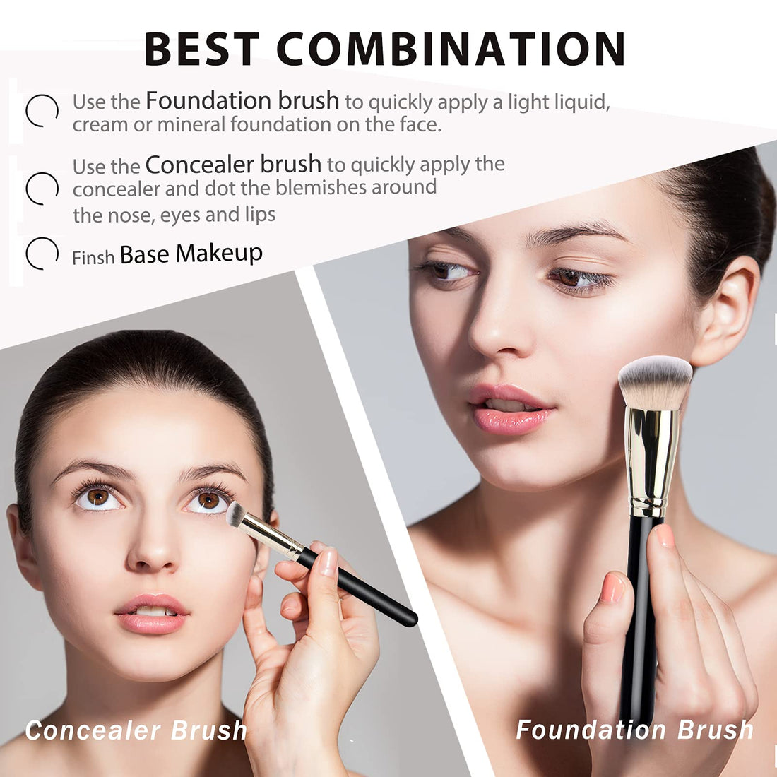 Makeup Brush with 1PCS Round Slanted Foundation Brush and 1PCS Mini Angled Concealer Brush Flat Top Kabuki Nose Contour Brush Perfect for Blending Liquid,Buffing,Cream,Sculpting,Mineral Makeup