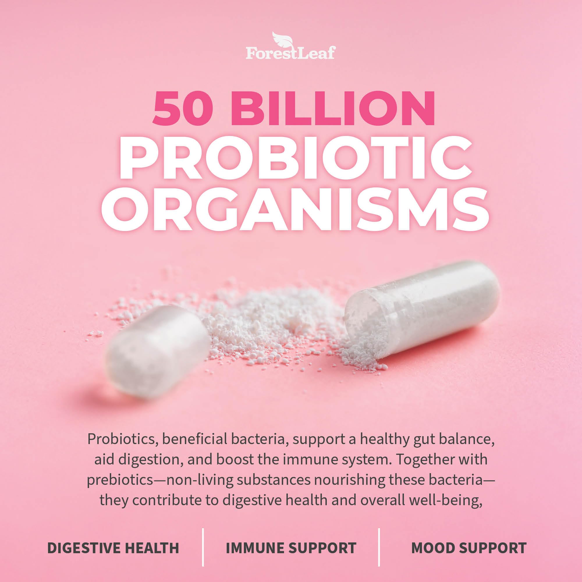 ForestLeaf Womens Probiotic 50 Billion CFU with Organic Prebiotics, Digestive Enzymes, Cranberry, D-Mannose - Prebiotics Probiotics for Women Digestive Health & Vaginal Probiotics Support, 30 Capsules