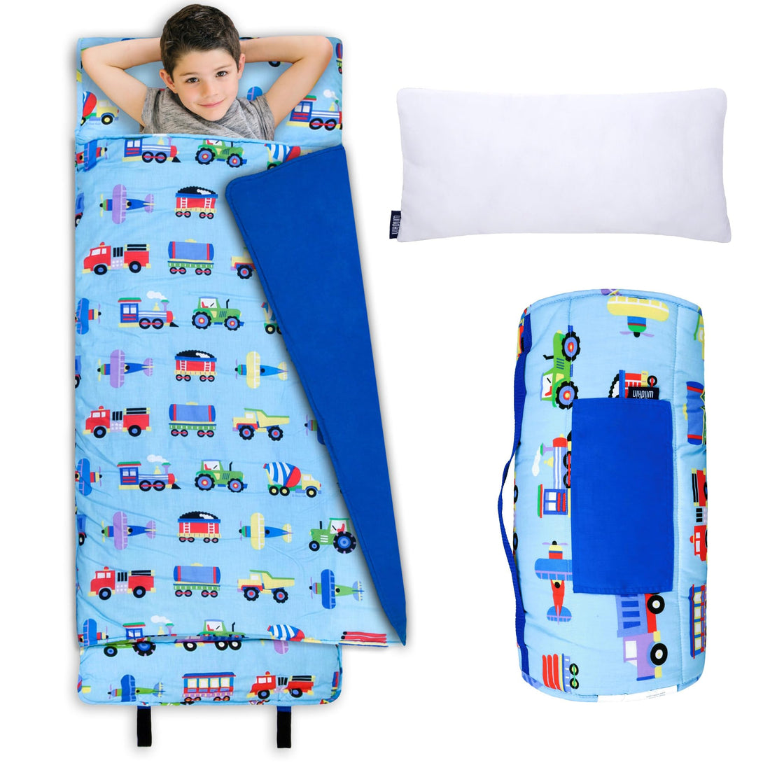 Wildkin Kids Original Nap Mat – Cozy Kids Sleep Mat with Pillow, Ideal for School & Travel - Trains, Planes, and Trucks