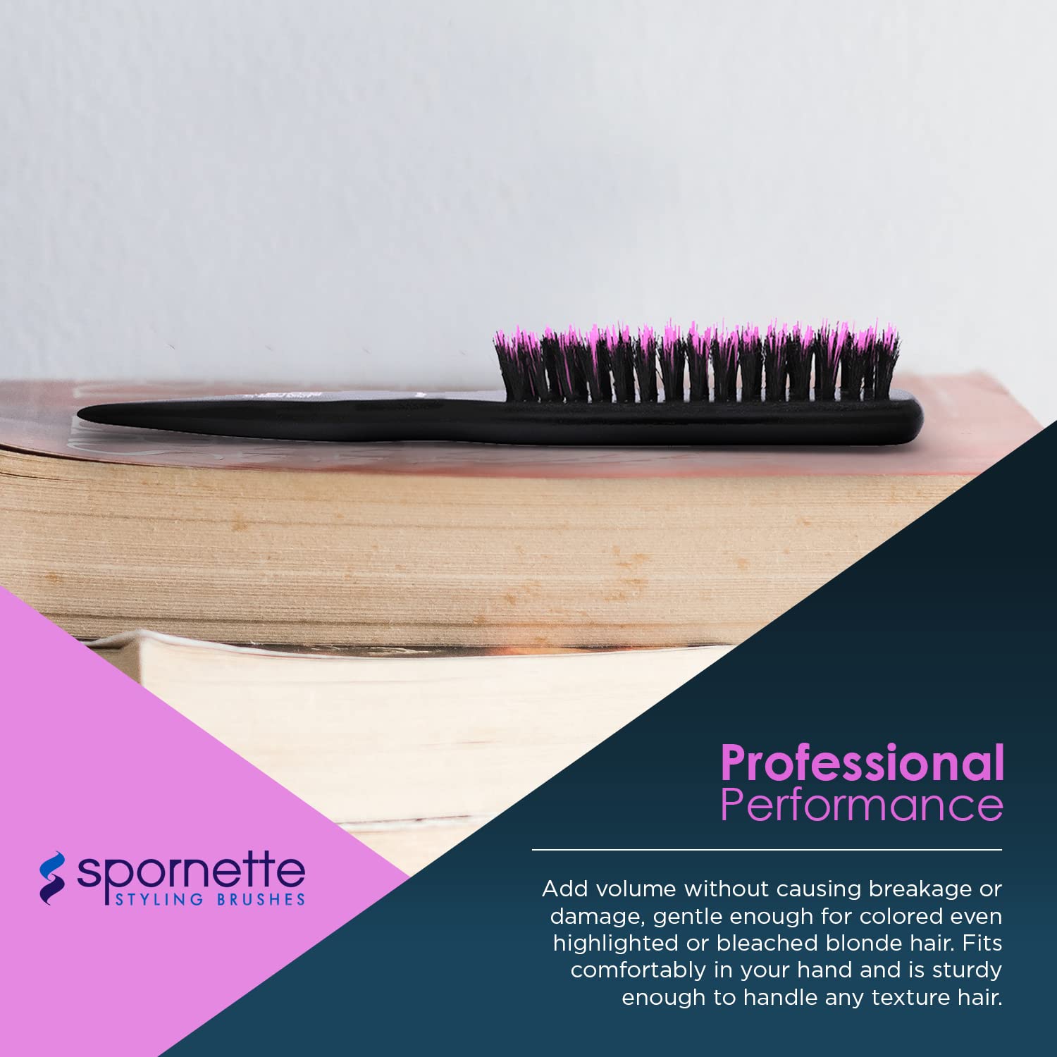 Spornette Little Wonder Boar & Tourmaline Nylon Bristle Teasing Brush (#111 PINK) with Tail Handle for Back Brushing, Back Combing, Creating Volume, Teasing, Slicking Hair Back Into A Bun or Ponytail