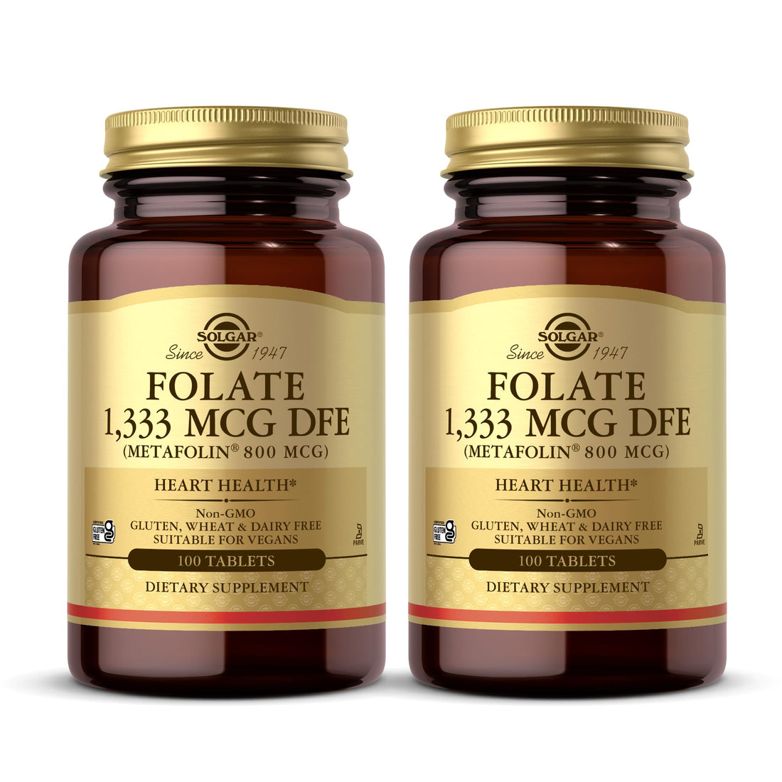 Solgar Folate 1,333 mcg DFE (Metafolin 800 mcg) - 100 Tablets, Pack of 2 - Prenatal Vitamin - Non-GMO, Gluten Free, Dairy Free, Kosher - 200 Total Servings