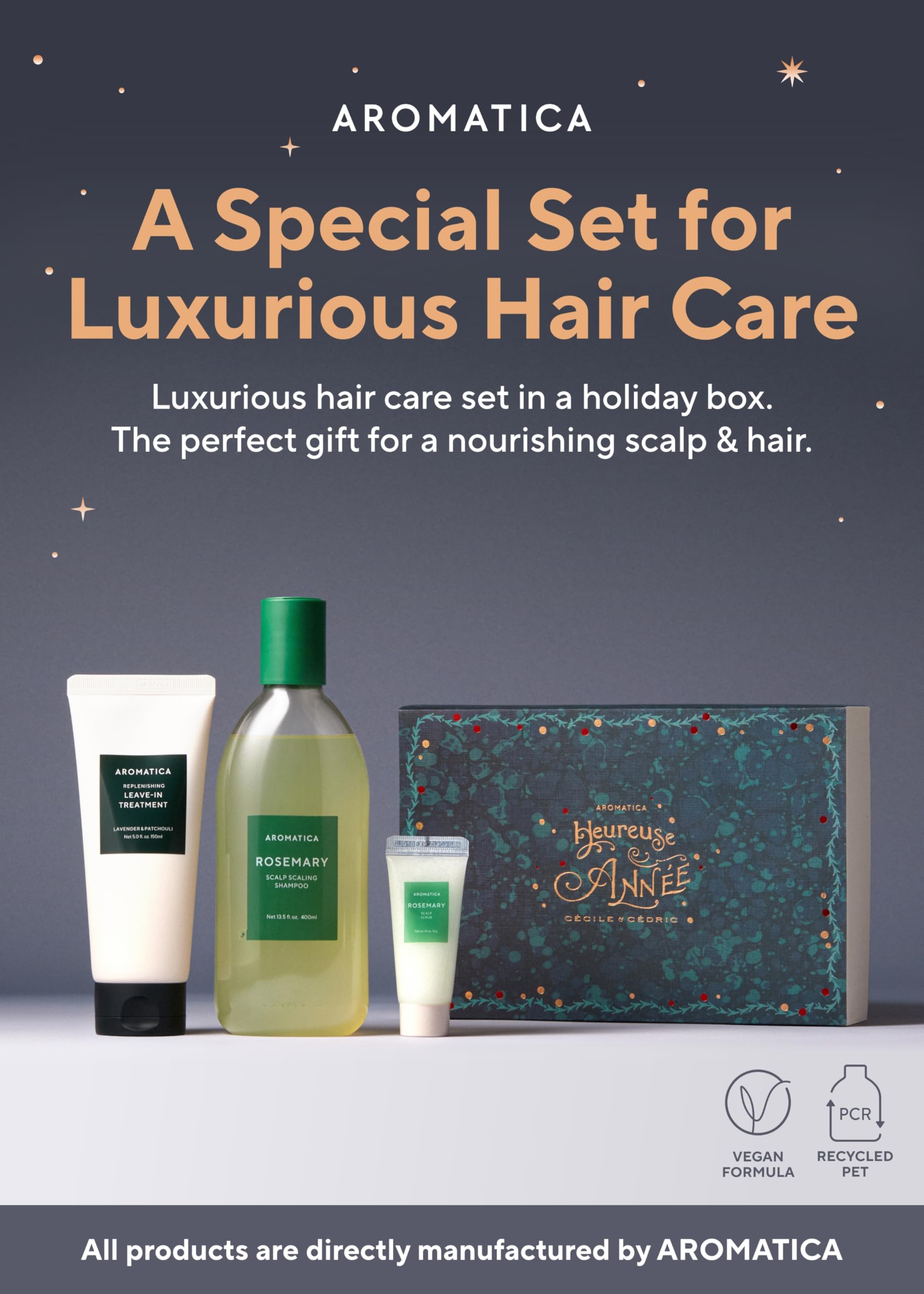 AROMATICA Rosemary Hair Care Holiday Gift Set - Shampoo for hair growth & Heat Protection Leave in Treatment & Scalp Treatment - Vegan and Silicone Free