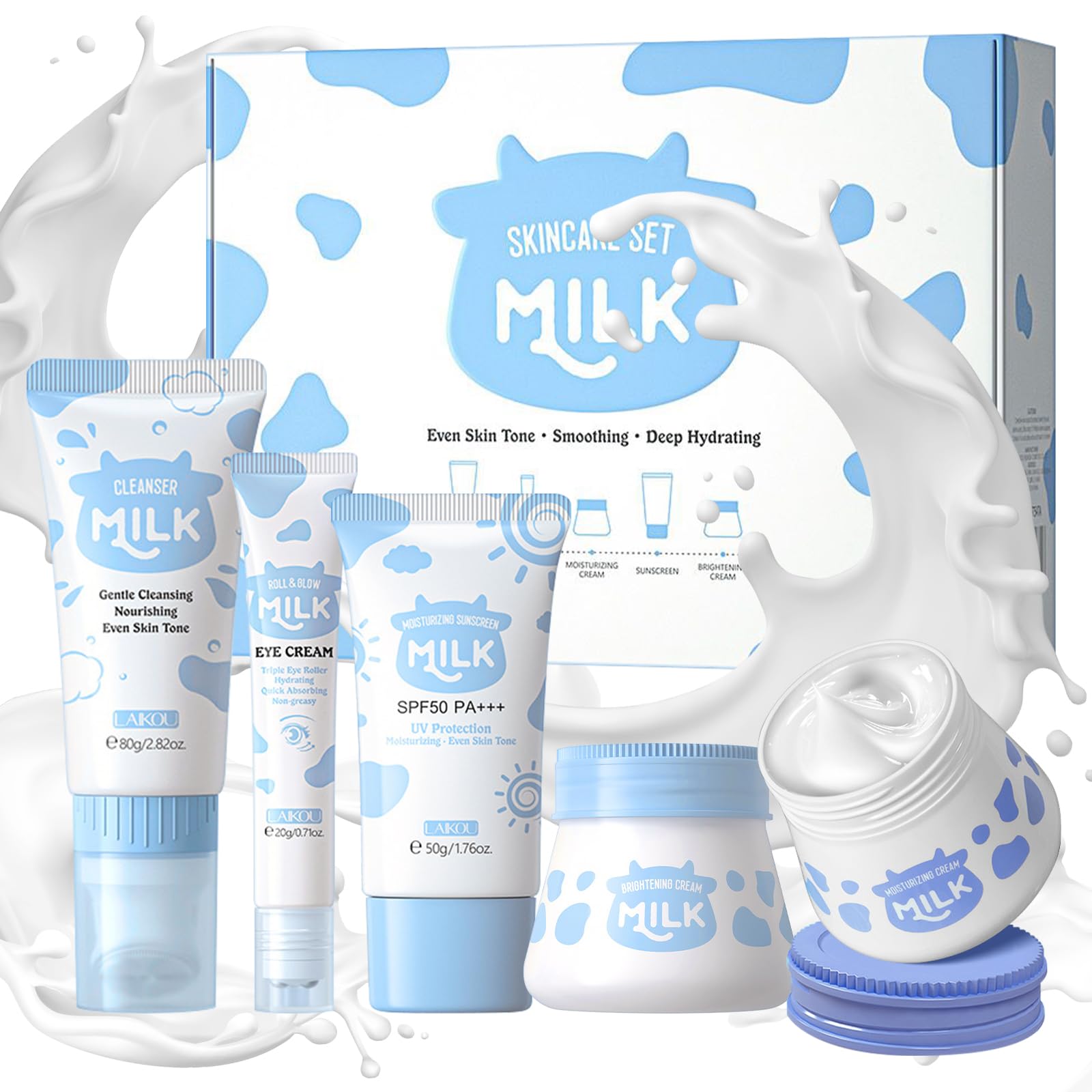 Milk Skincare Set for Women & Girls, Moisturizing Skin Care Set, 5-In-1 Facial Skin Care Sets & Kits with Cream, Cleanser, Eye Cream, Moisturizer, Sunscreen, Travel Size Skincare Kit, Gift for Mom