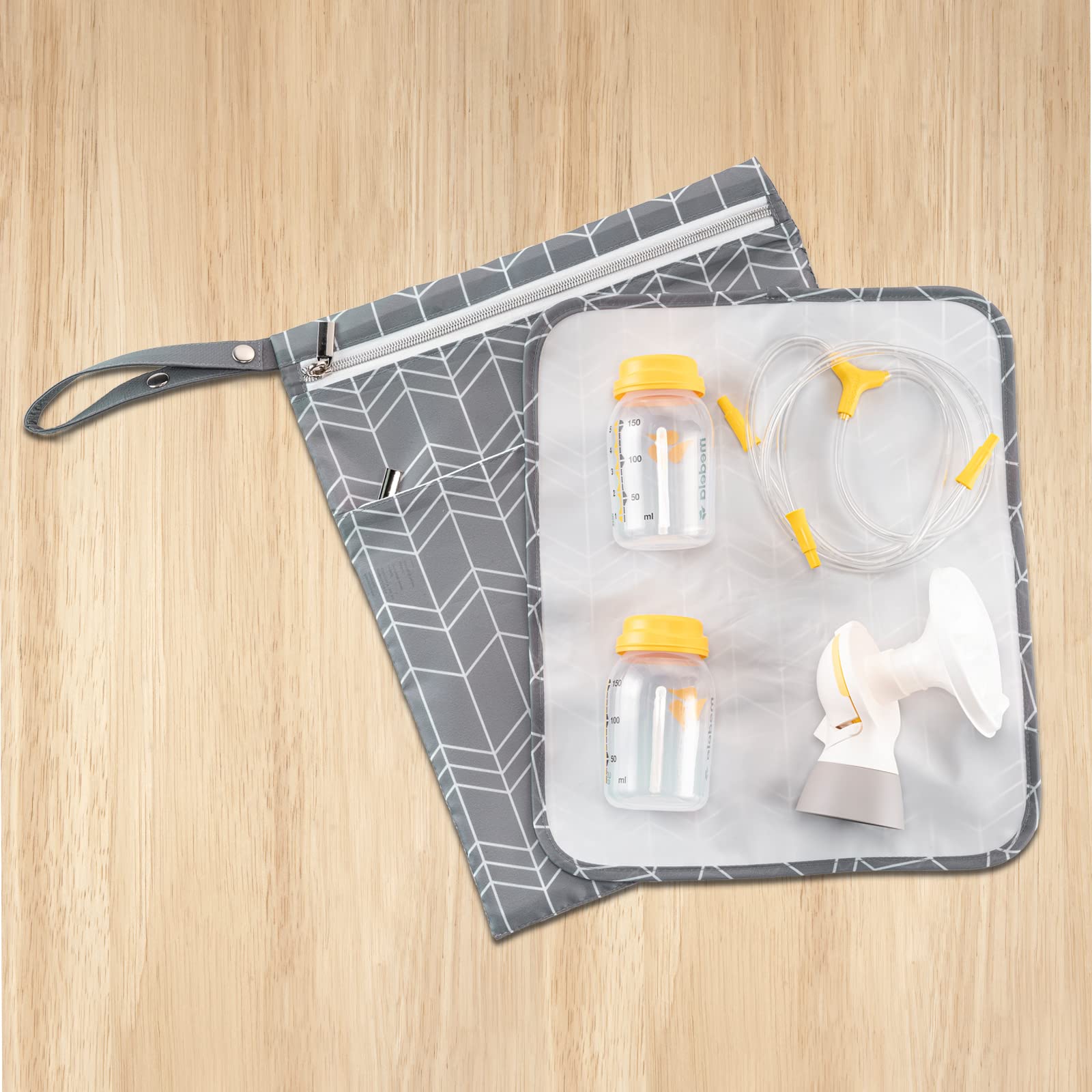 BABEYER Wet Dry Bag for Breast Pump Parts Storage, Waterproof Pump Parts Bag with Place Mat for Moms Pumping at Work-Wave