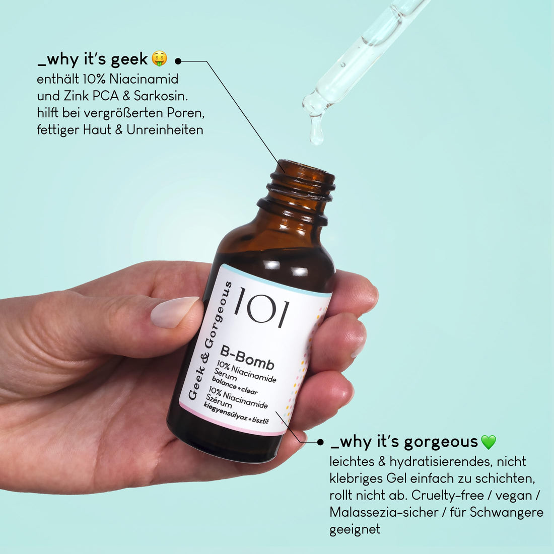 Geek & Gorgeous - B-Bomb - 10% Niacinamide Serum, Zinc PCA & Sarcosine, helps enlarged pores, oiliness and blemishes, combination skin, 1 oz