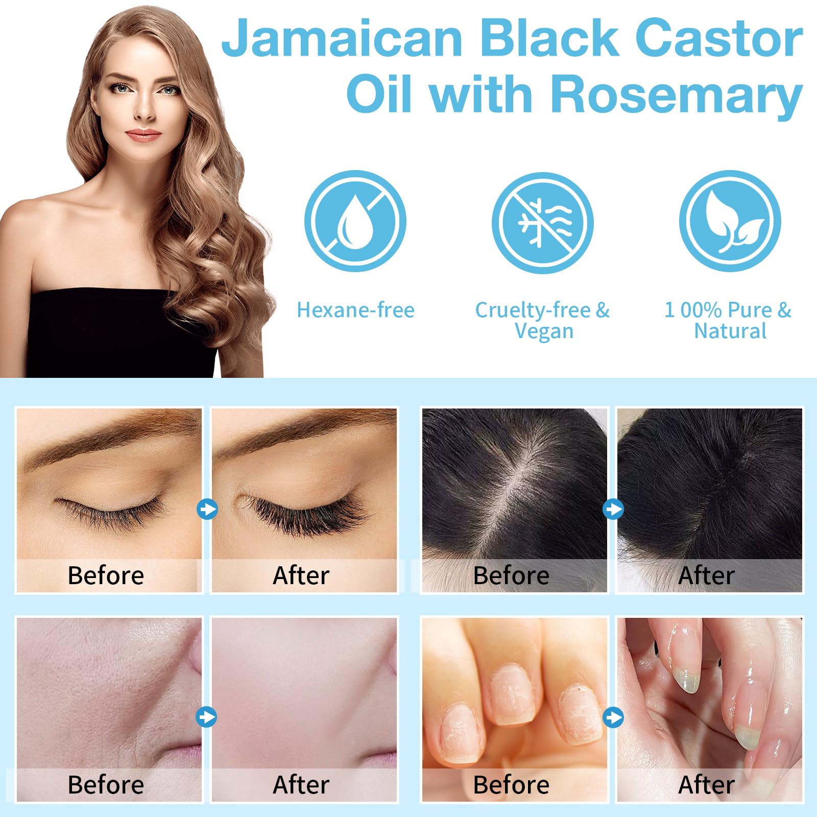 NIFEISHI Organic Castor Oil, 2pcs Pure Natural Jamaican Black Castor Oil Infused with Rosemary, Cold Pressed Glass Bottles, Boost Hair Growth for Thicker, Fuller Hair, Eyelashes & Eyebrows 2.02 fl oz