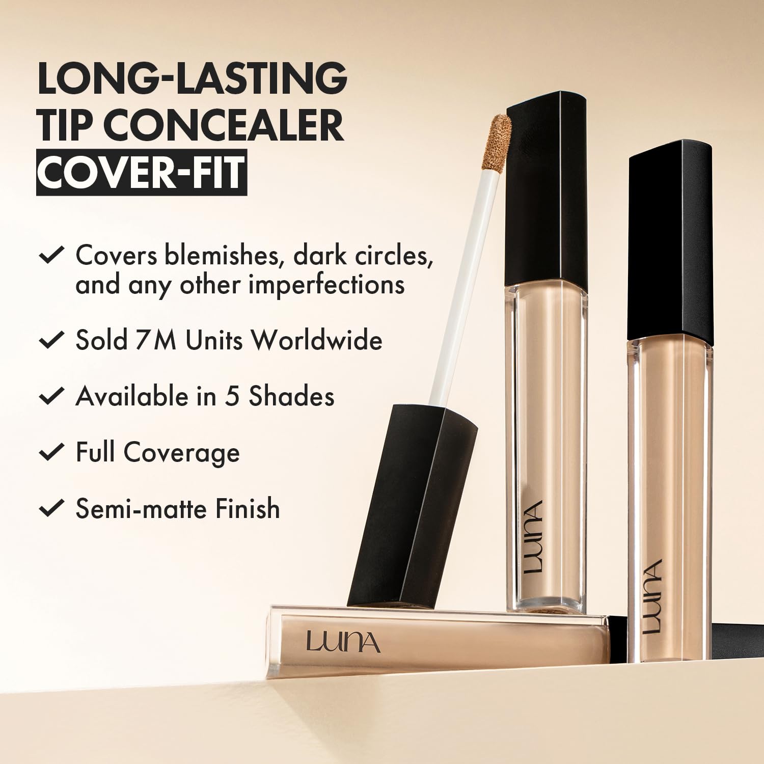 AEKYUNG Luna Long-Lasting Tip Concealer, Full Coverage & High Adherence, For Under Eye Dark Circles and Dark Spots, Korean Makeup, Cover-Fit, #02 Beige, 0.26 Fl Oz