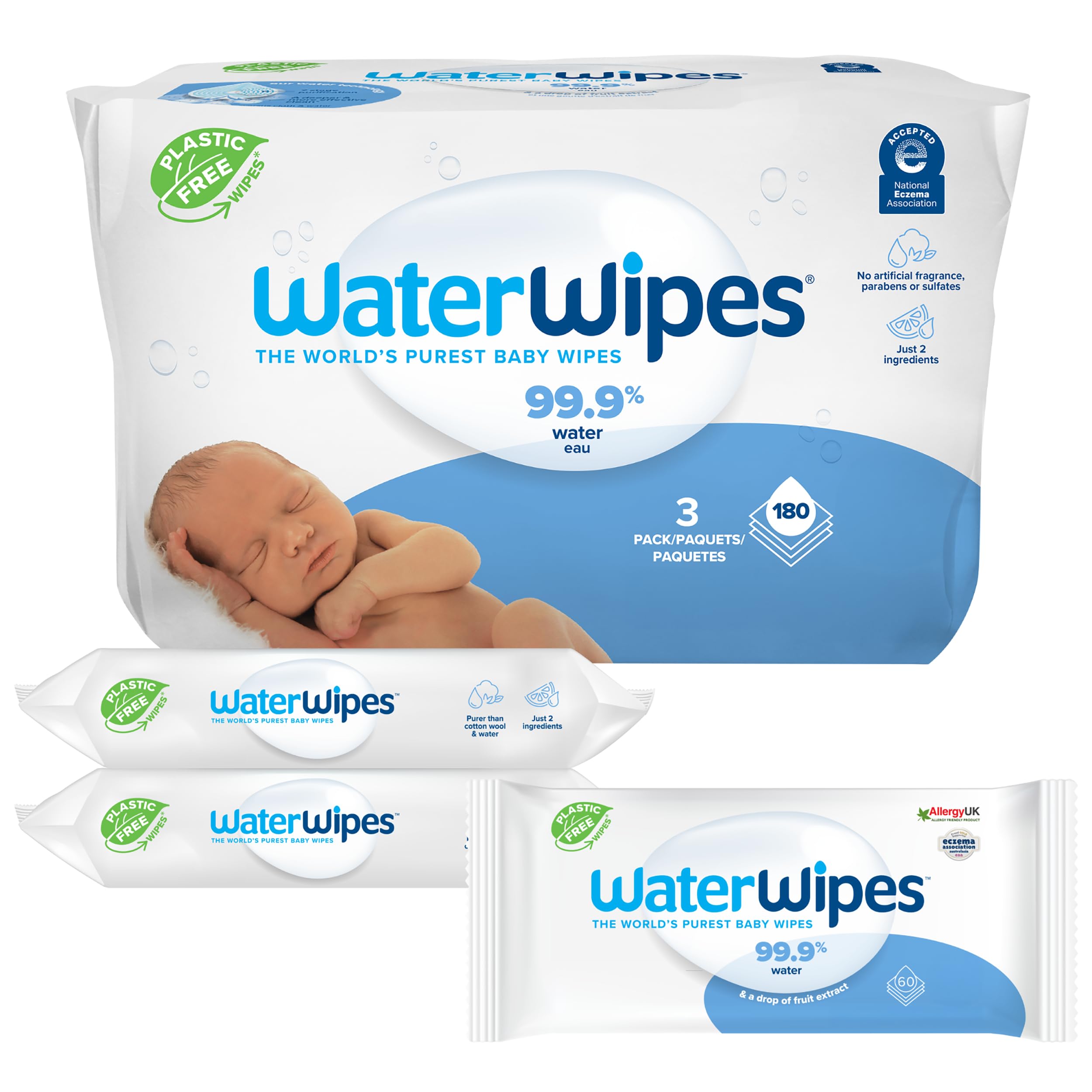 WaterWipes Plastic-Free Original Baby Wipes, 99.9% Water Based Wipes, Unscented & Hypoallergenic for Sensitive Skin, 180 Count (3 packs), Packaging May Vary