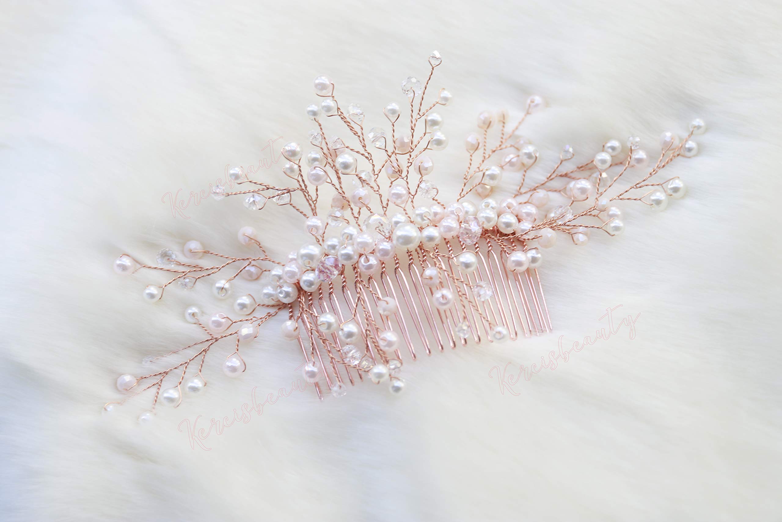 Kercisbeauty Wedding Bridal Bridesmaids Flower Girl Pink Champagne Rose Gold Beads Combs Headband Bridal Hair Comb Headpiece Long Curly Bun Hair Accessories,Wedding Hair Piece Vintage Hair Comb