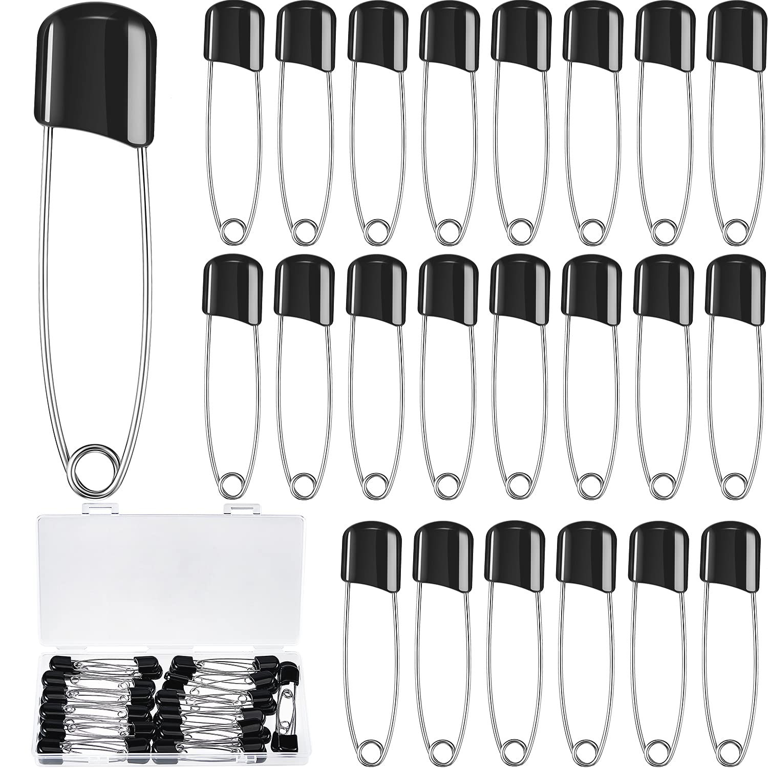 50 Pieces Diaper Pins Safety 2.2 Inch Plastic Head Cloth Diaper Nappy Pins with Locking Closures Stainless Steel with Velvet Bag(Black)