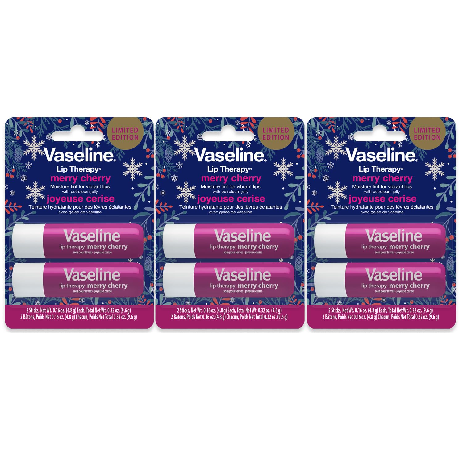 Vaseline Lip Therapy Stick Twin Pack – Merry Cherry Holiday Limited Edition (3-Pack)