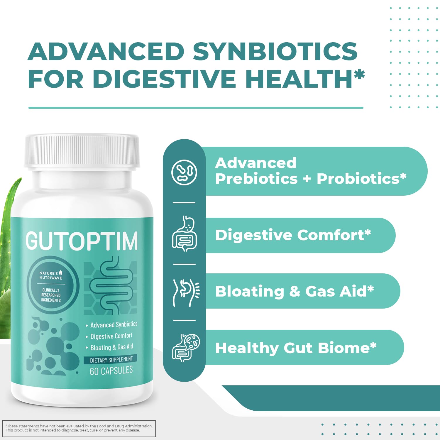 GutOptim Probiotic & Prebiotic Capsules | Pre and Probiotics for Synbiotic Gut Health & Bloating Relief for Women & Men | Enzyme with Probiotics for Digestive Health | Non-GMO, 60 Ct, 3 Month Supply