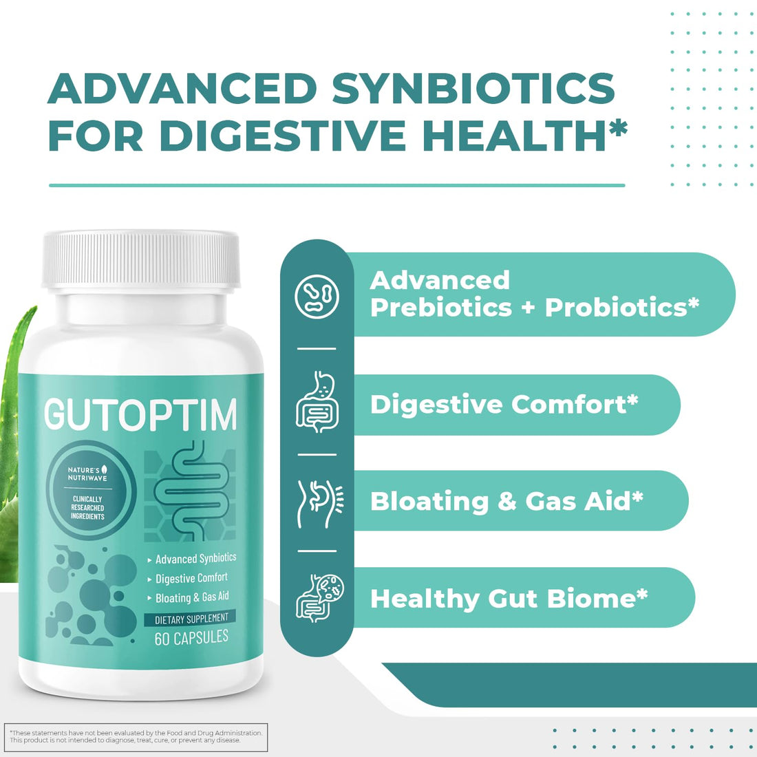GutOptim Probiotic & Prebiotic Capsules | Pre and Probiotics for Synbiotic Gut Health & Bloating Relief for Women & Men | Enzyme with Probiotics for Digestive Health | Non-GMO, 60 Ct, 3 Month Supply