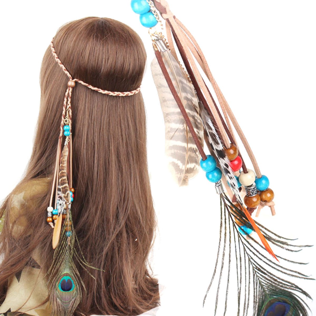 Nicedmm Indiana Ethnic Style Colorful Peacock Feather Pendant Boho Head Wrap Hair Band - Handmade Bohemian Headbands Braided Headband Tie For Women Lady Girls