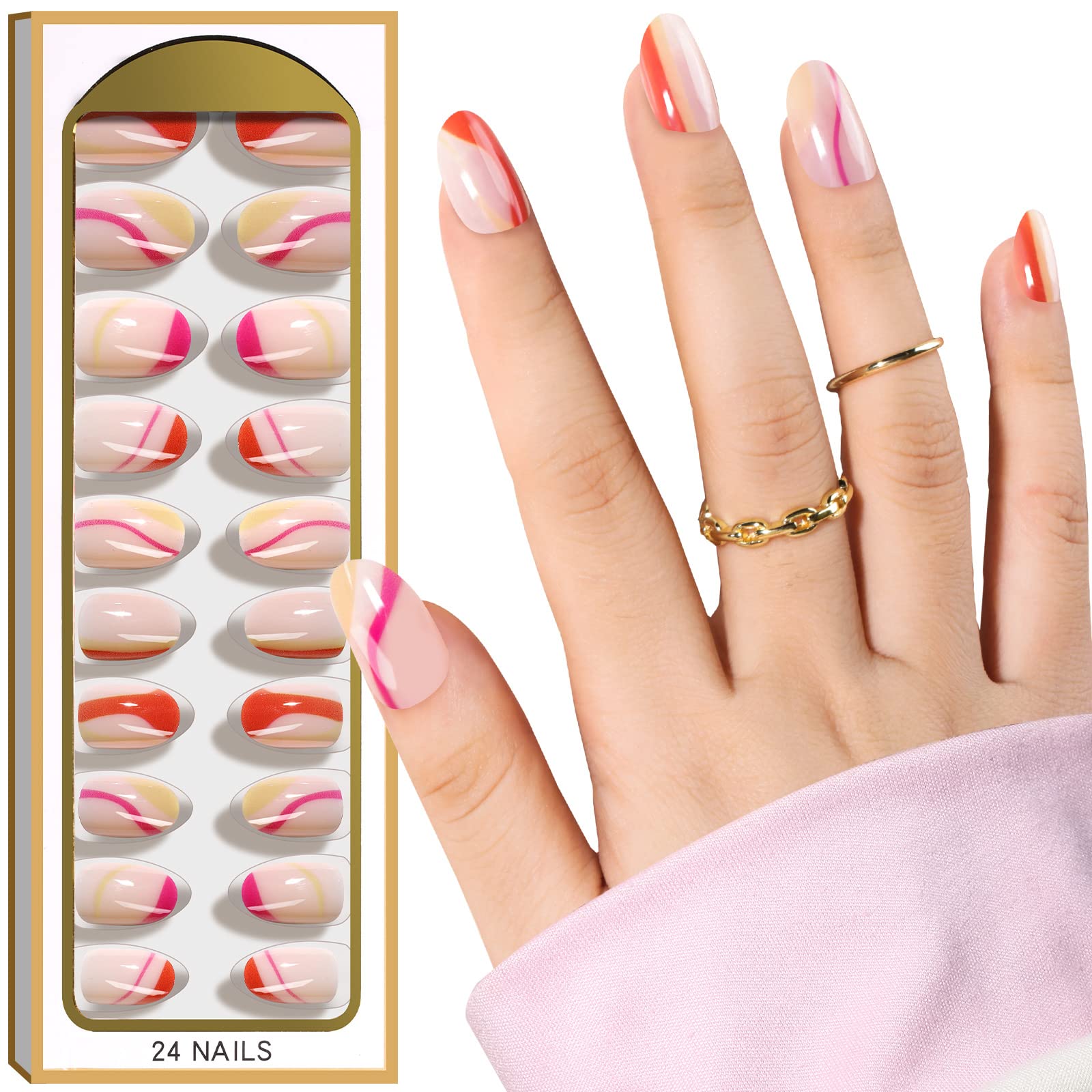 Teenitor Short Oval Nails Red Abstract Swirl Press On Nails Cute Designs Glue On Nails, Oval Short Press On Nails With Designs, 24pcs Reusable Short Acrylic Fake Nails with Glue