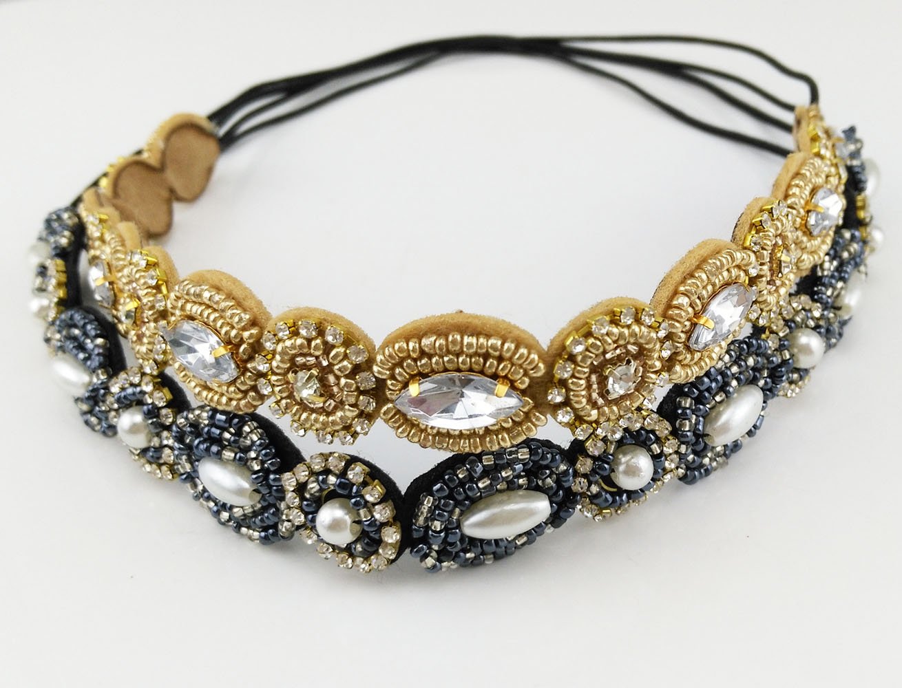 Navy blue + Gold : yueton Pack of 2 Handmade Crystal Rhinestone Beads Elastic Headband Hair Band Women Hair Accessories (Navy blue + Gold)