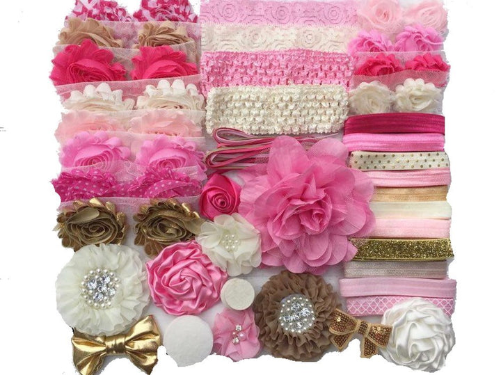 Bowtique Emilee Pink and Gold Hairband Kit - Makes Over 30 Headbands, Baby Shower Headband Station, DIY Headband Kit, Includes 50-60 Pieces - For Baby Girls